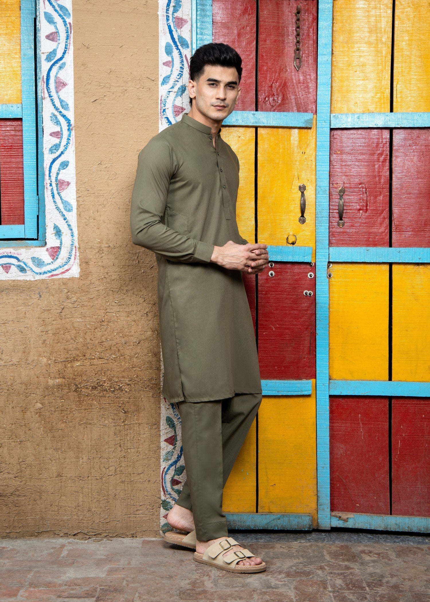 wash & wear Kurta Set in Army green