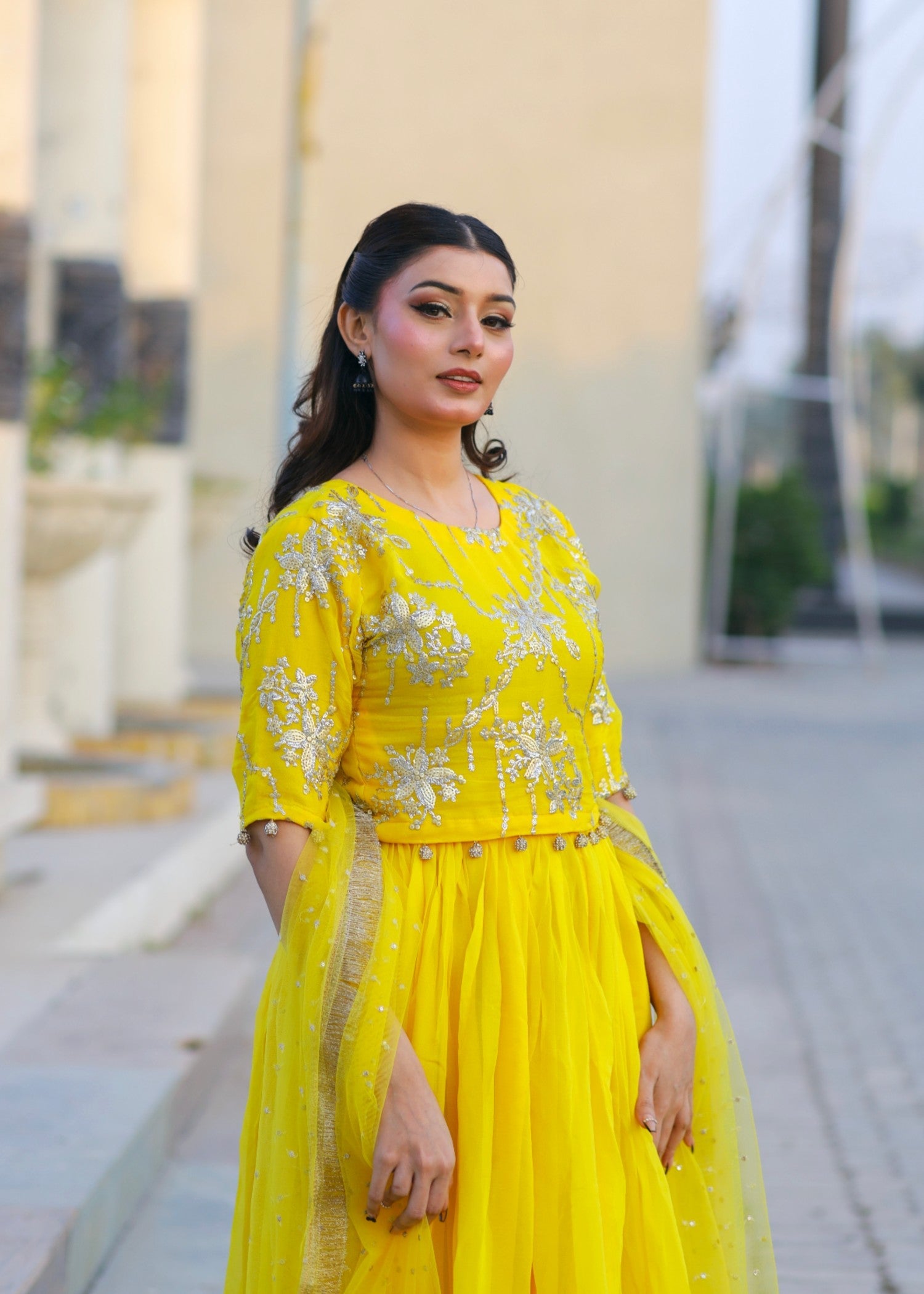 bemberg crinkle chiffon Lehenga in Yellow
