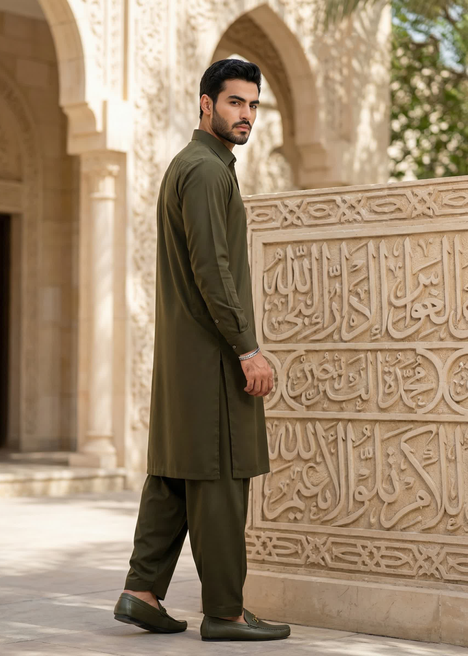 wash & wear Shalwar Kameez in Olive green