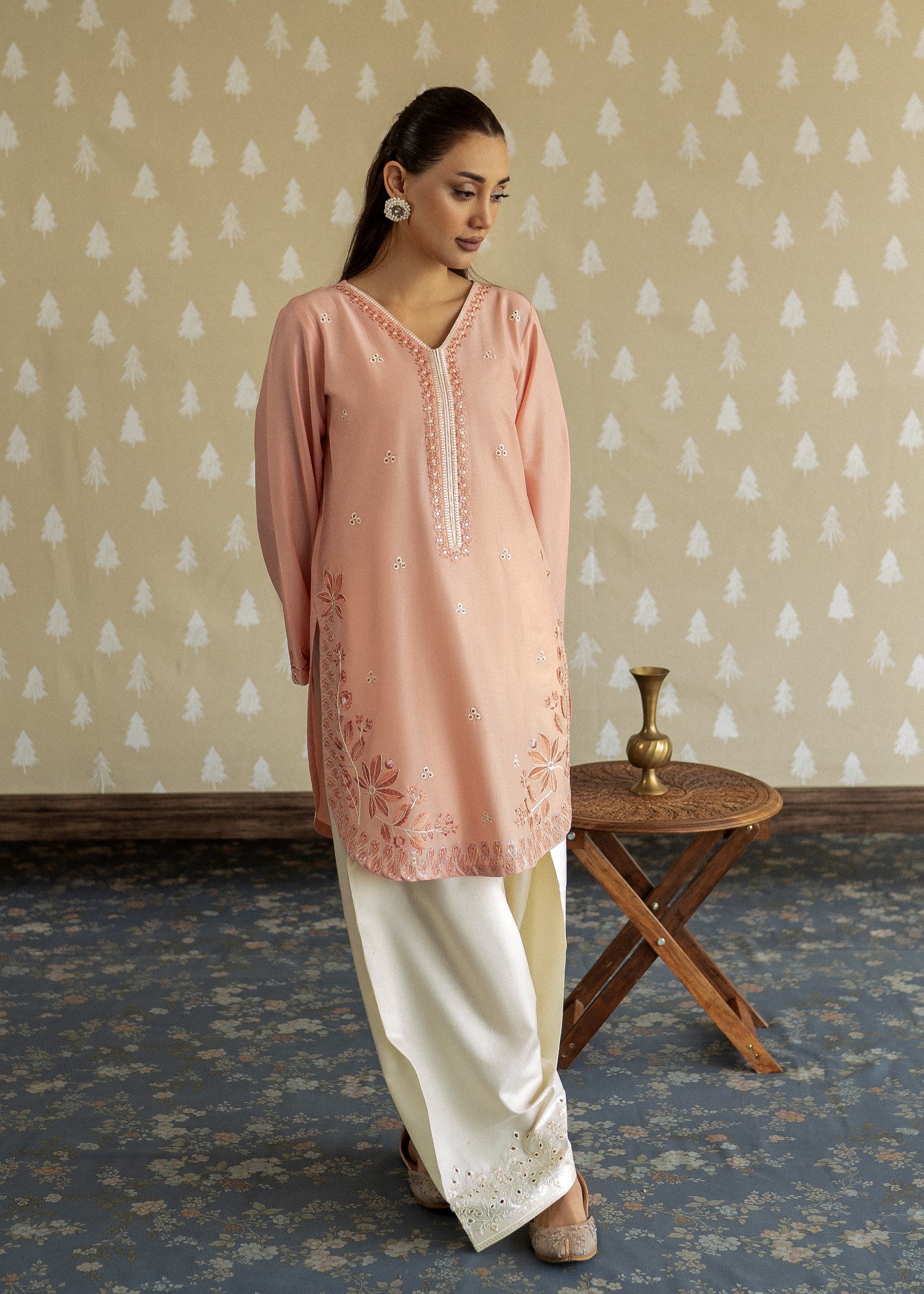 lawn Kurta Set in Off-white, peach pink
