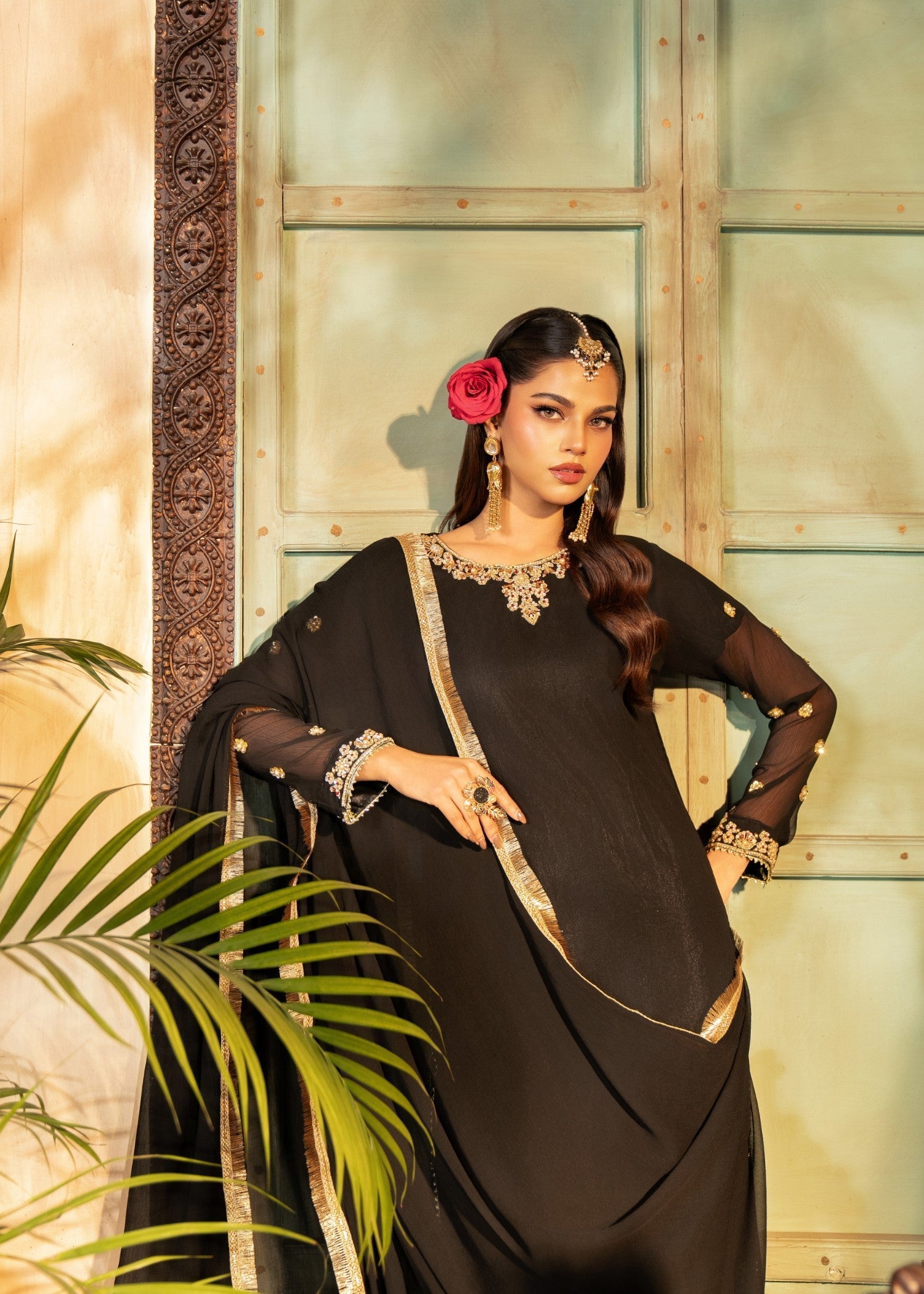 chiffon Kurta Set in Black