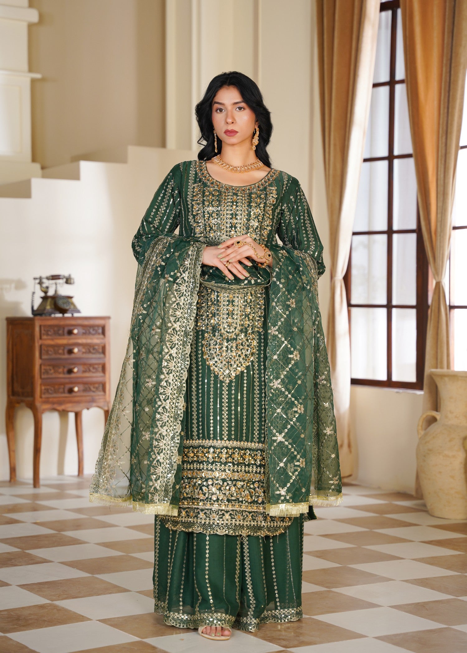 chiffon Sharara in Green, gold