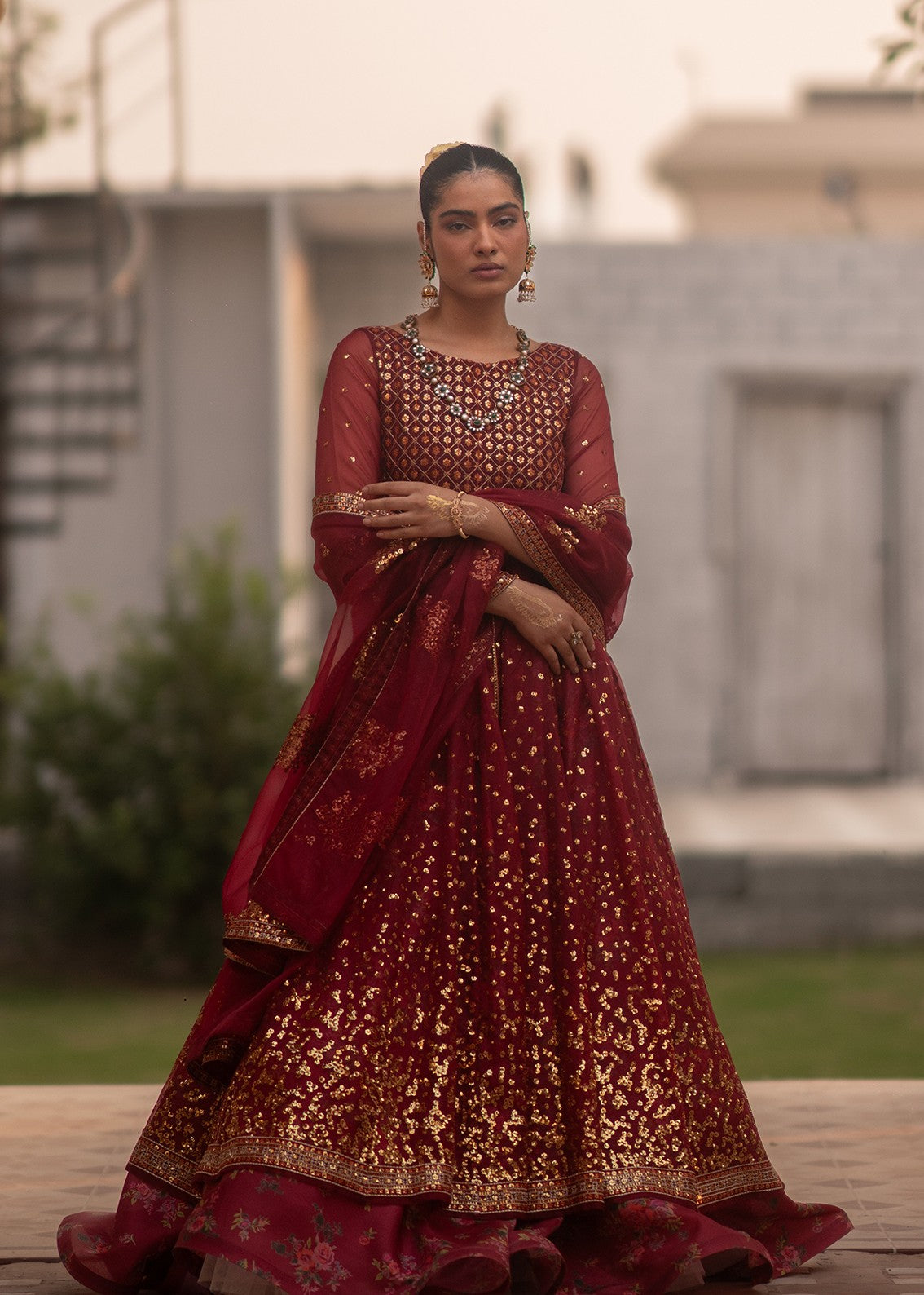 organza Pishwas in Red
