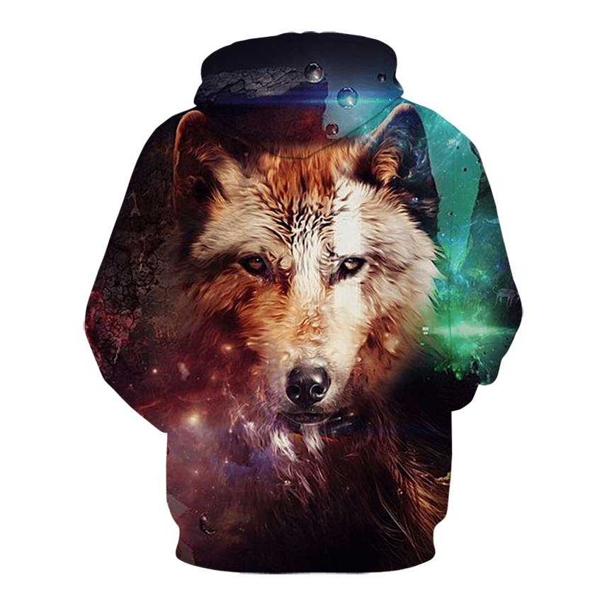 3D Colorful Wolf Print Hooded Pocket Sweatshirt