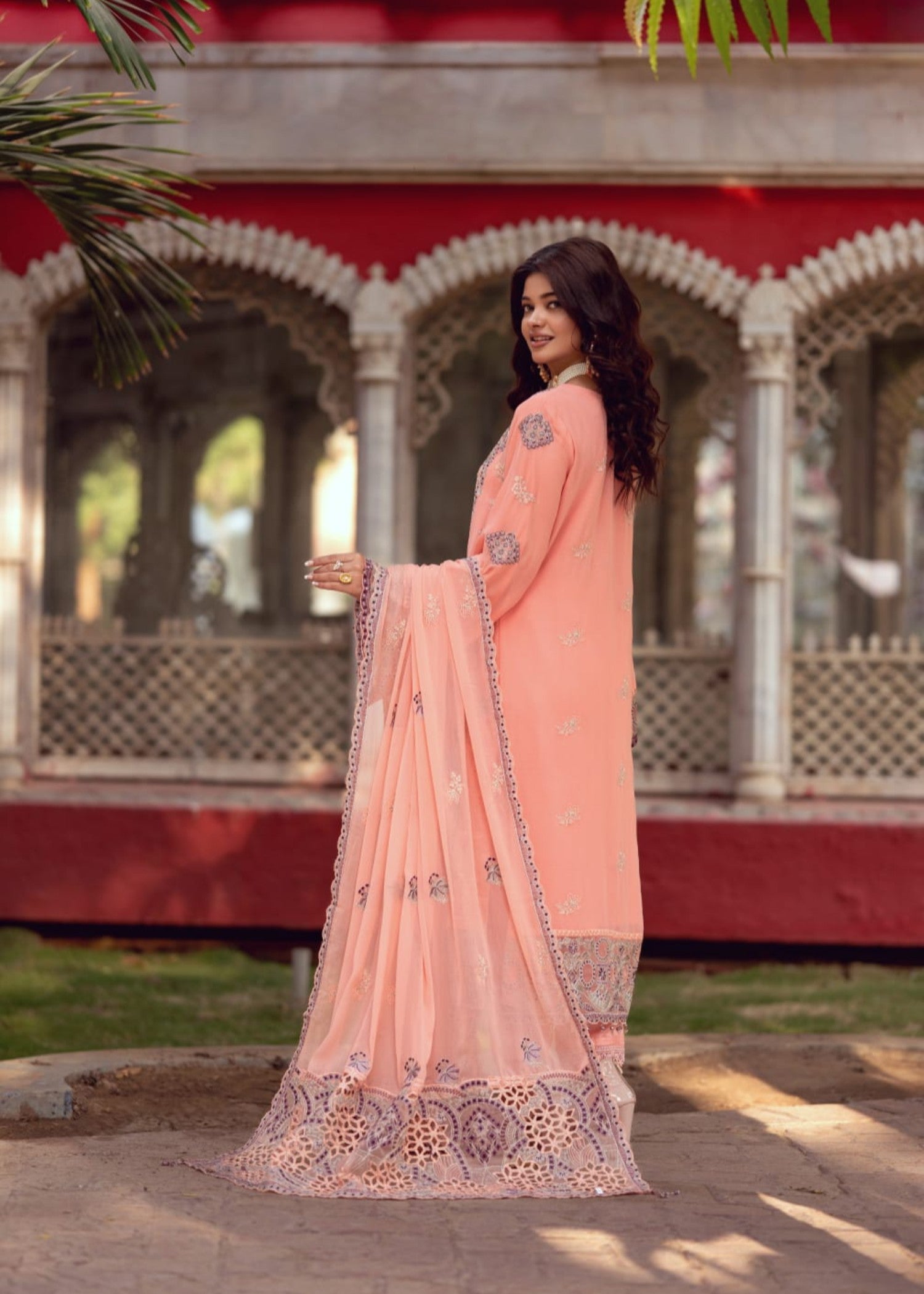 chiffon Kurta Set in Peach pink