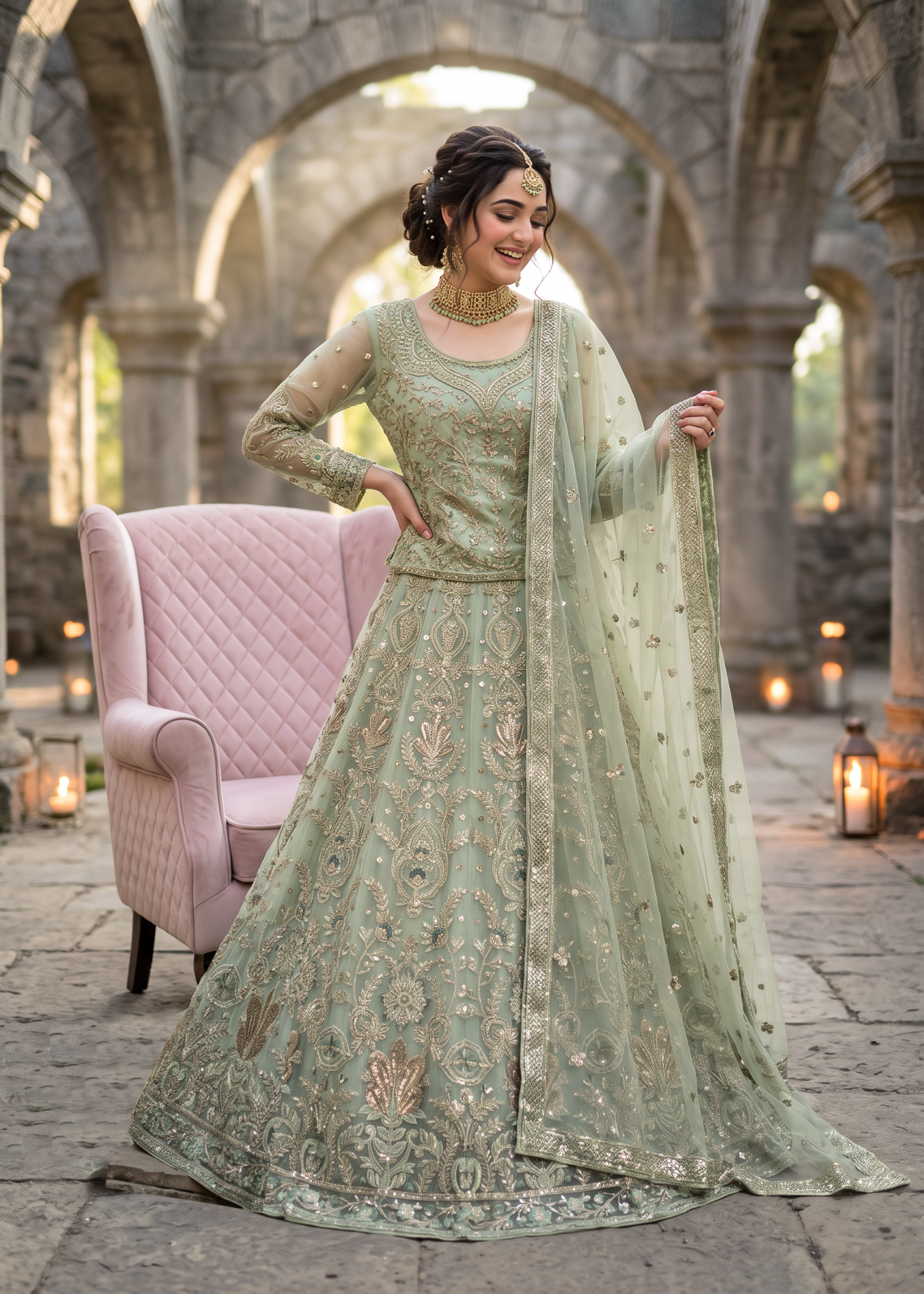 net Lehenga in Pistachio green