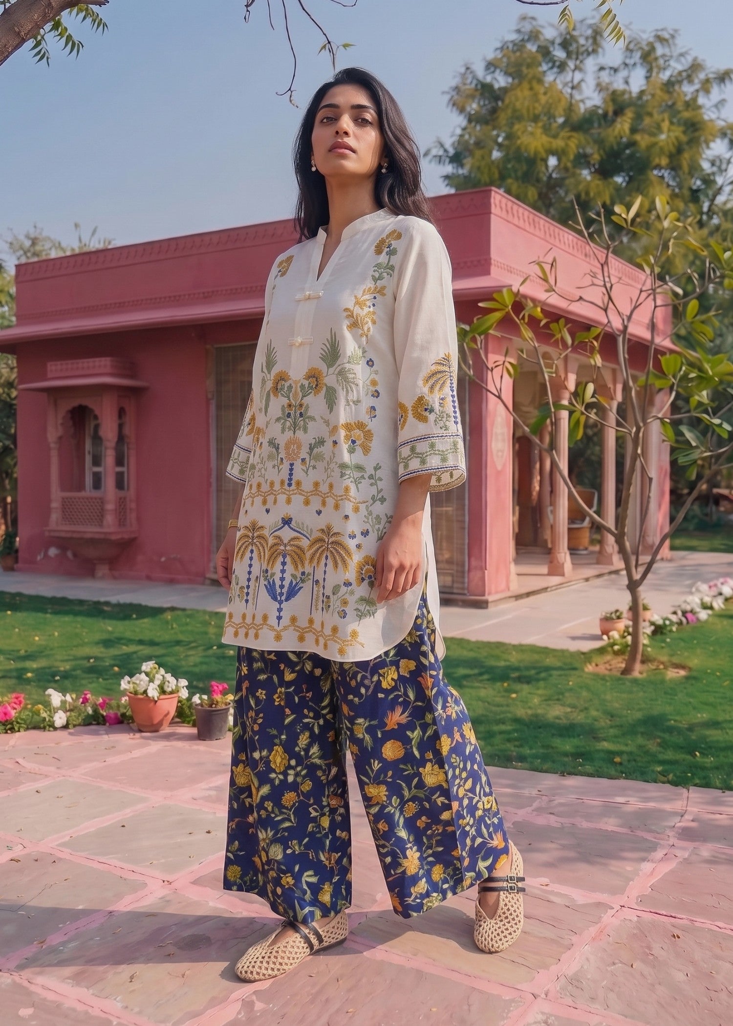 cotton Kurta Set in Off-white, midnight blue
