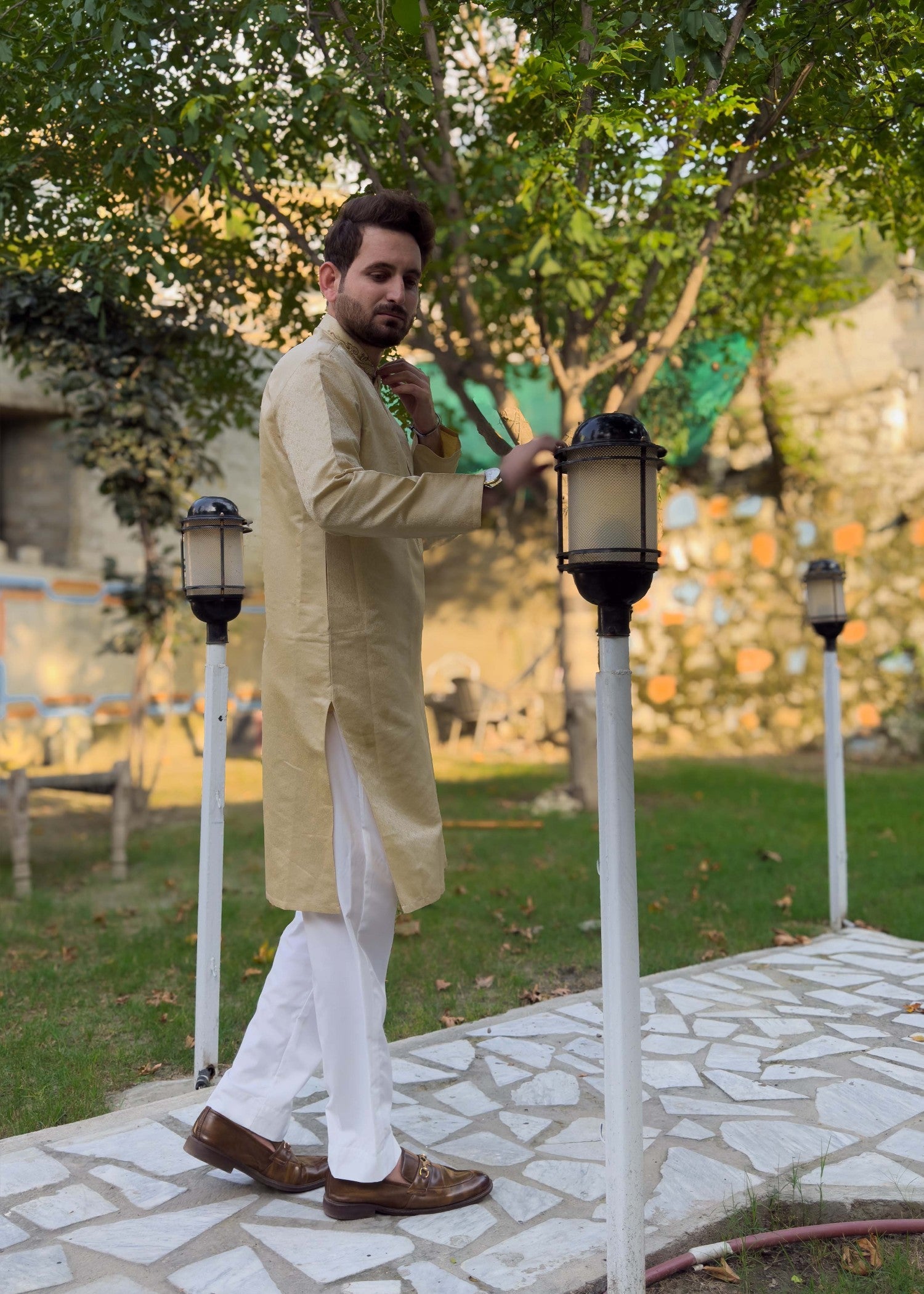 traditional jamawar Kurta in Goldenrod