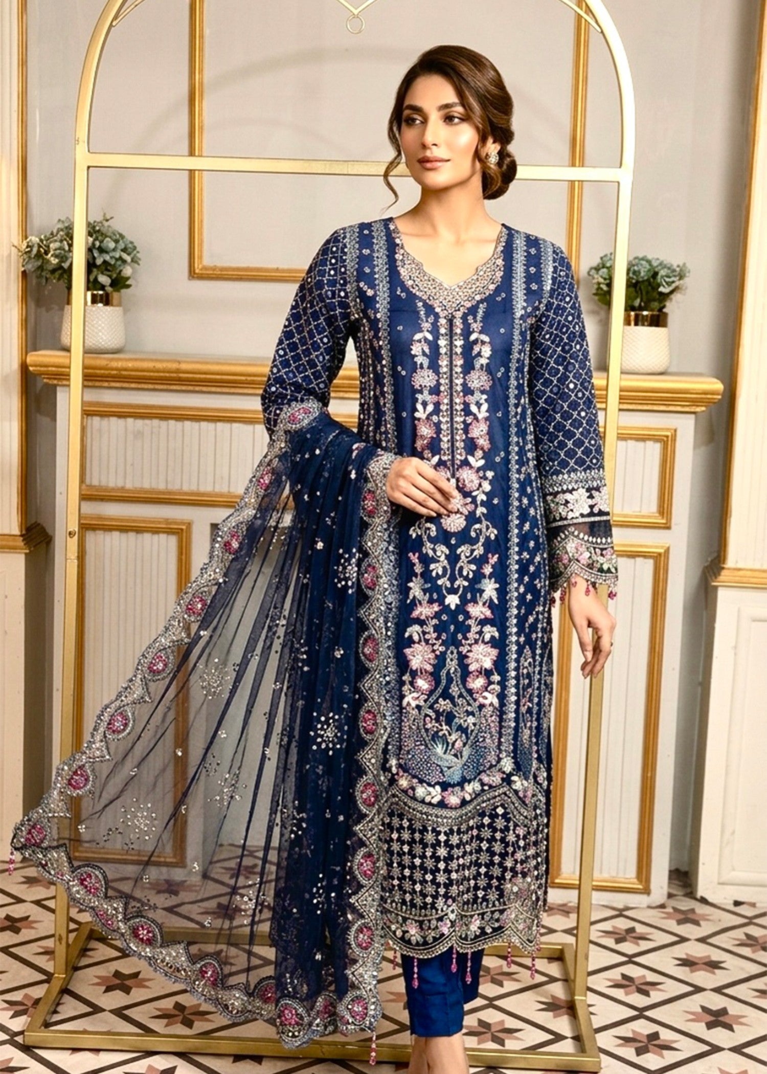 net Kurta Set in Blue