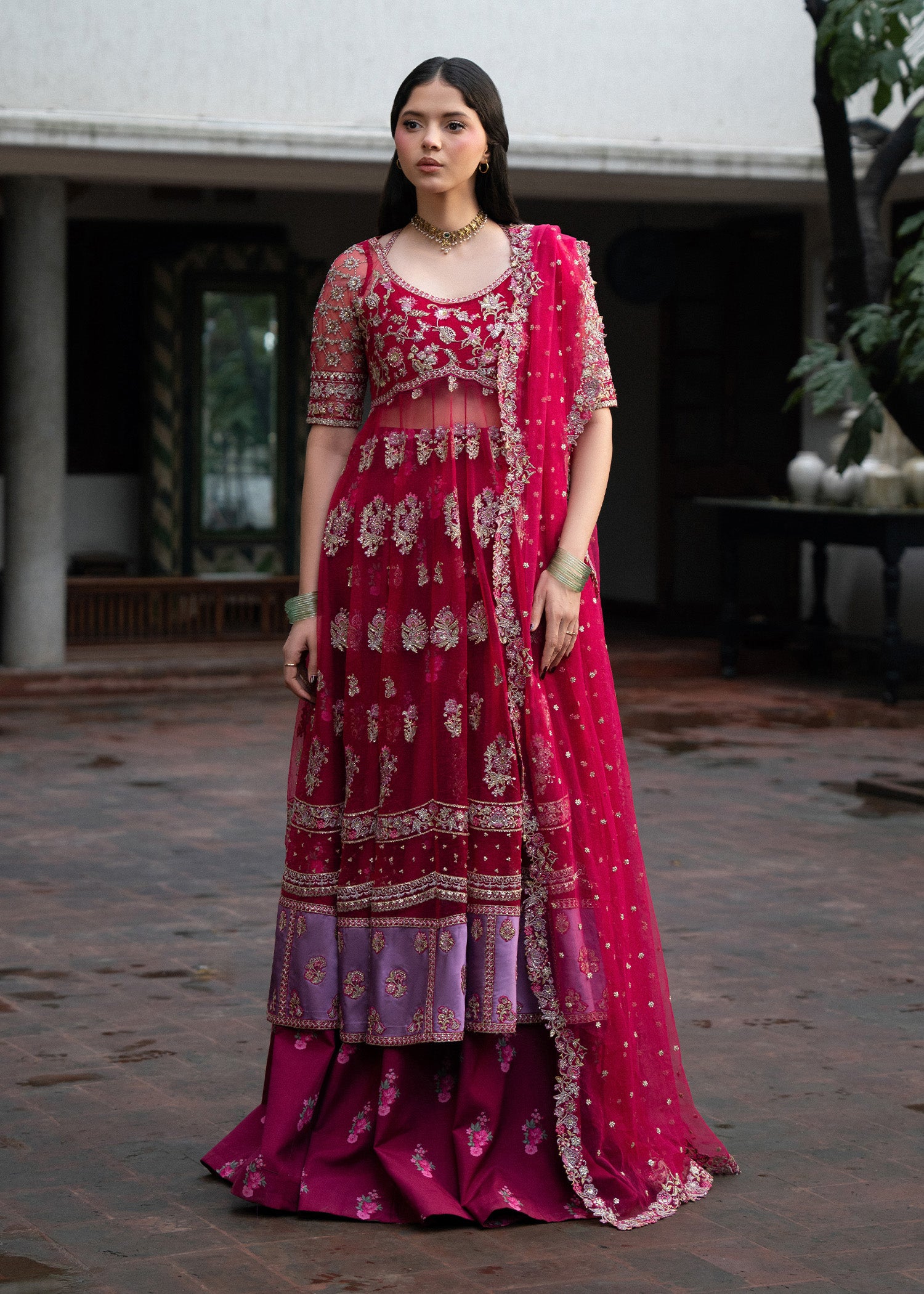 polyester net Unstitched in Hot pink, lusty gallant