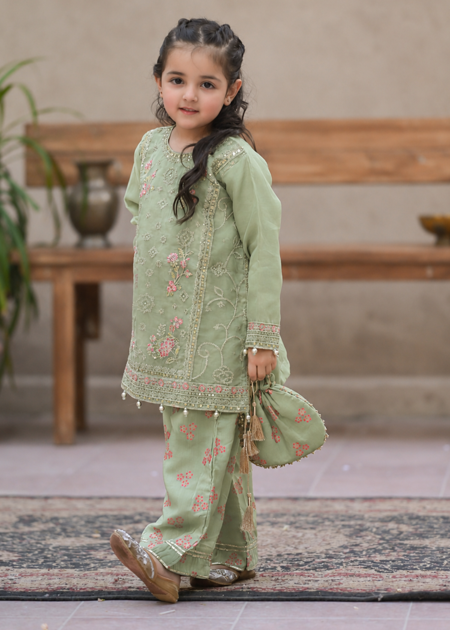 organza Kurta Set in Tea green