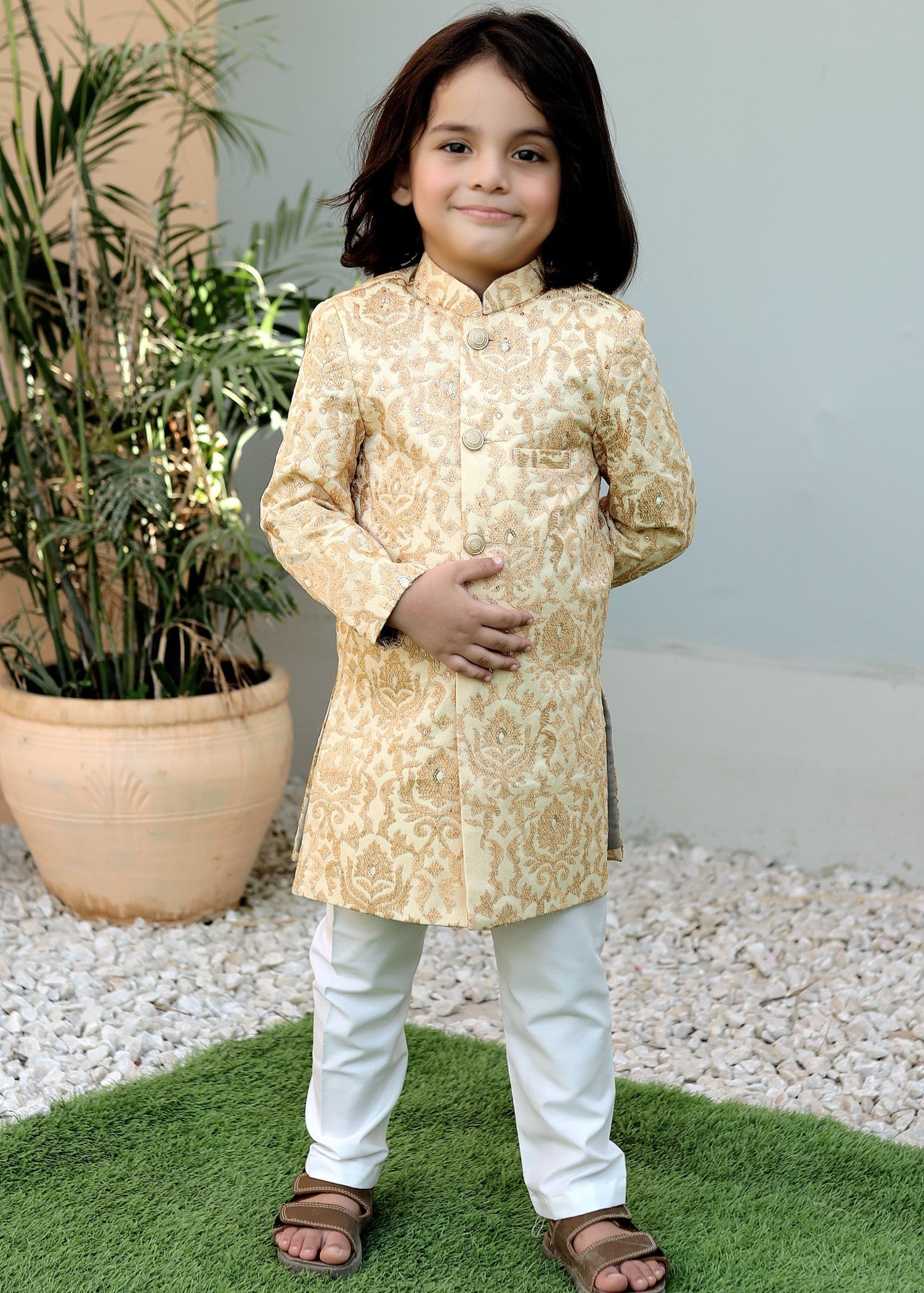 raw silk Sherwani in Cream, goldenrod