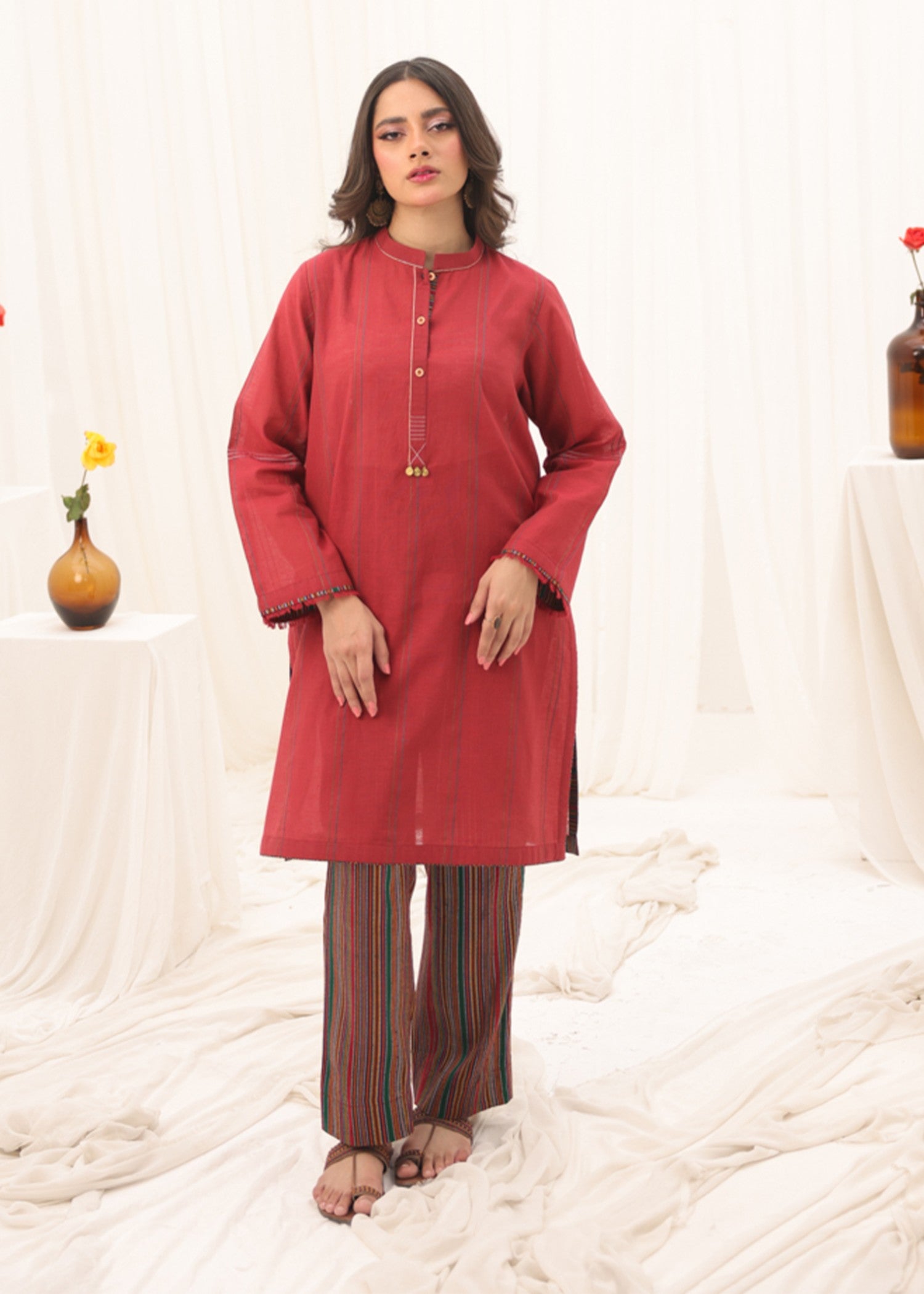 yarn dyed Kurta Set in Red