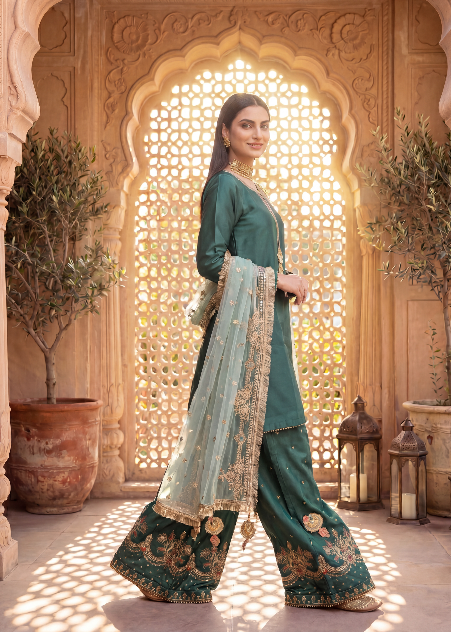 tissue silk Kurta Set in Bottle green