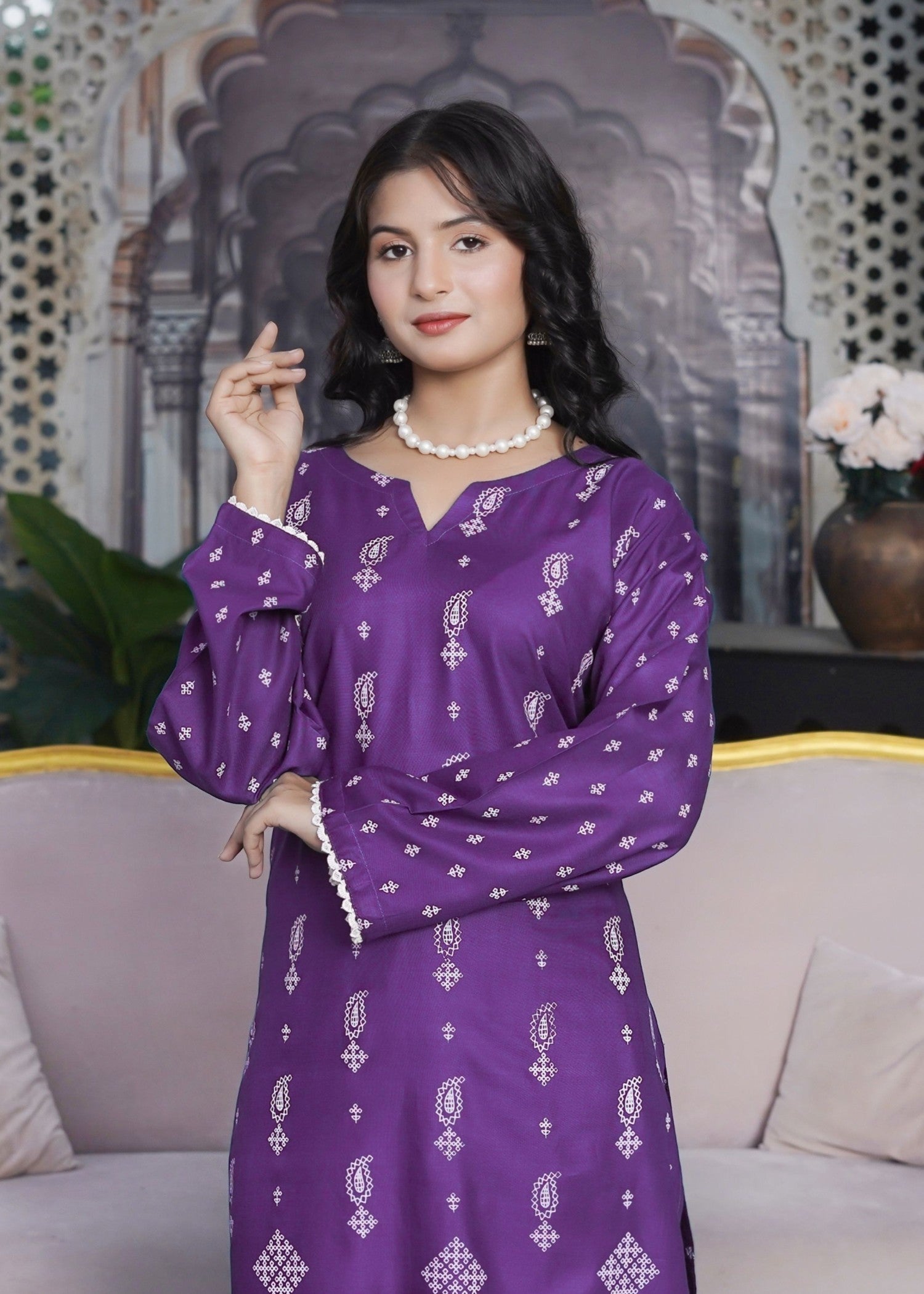 arabic lawn Kurta Set in Purple