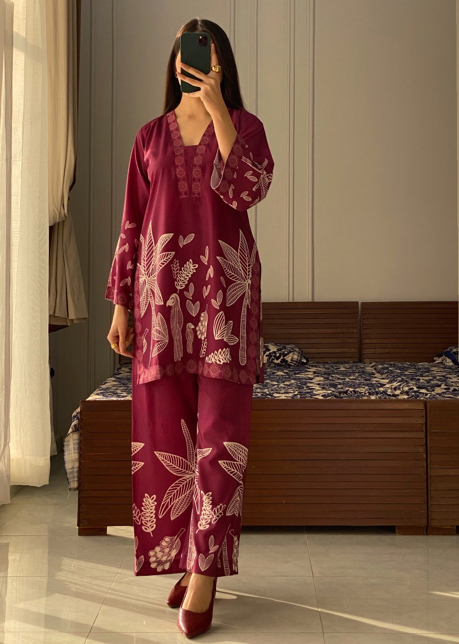 slub lawn Co Ord Sets in Maroon