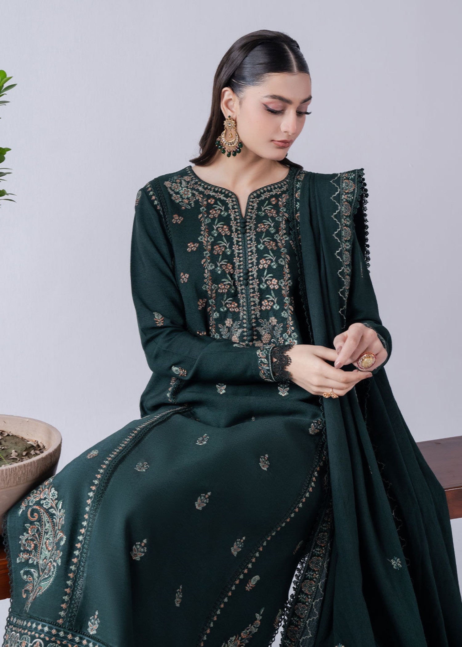 dhanak Kurta Set in Bottle green