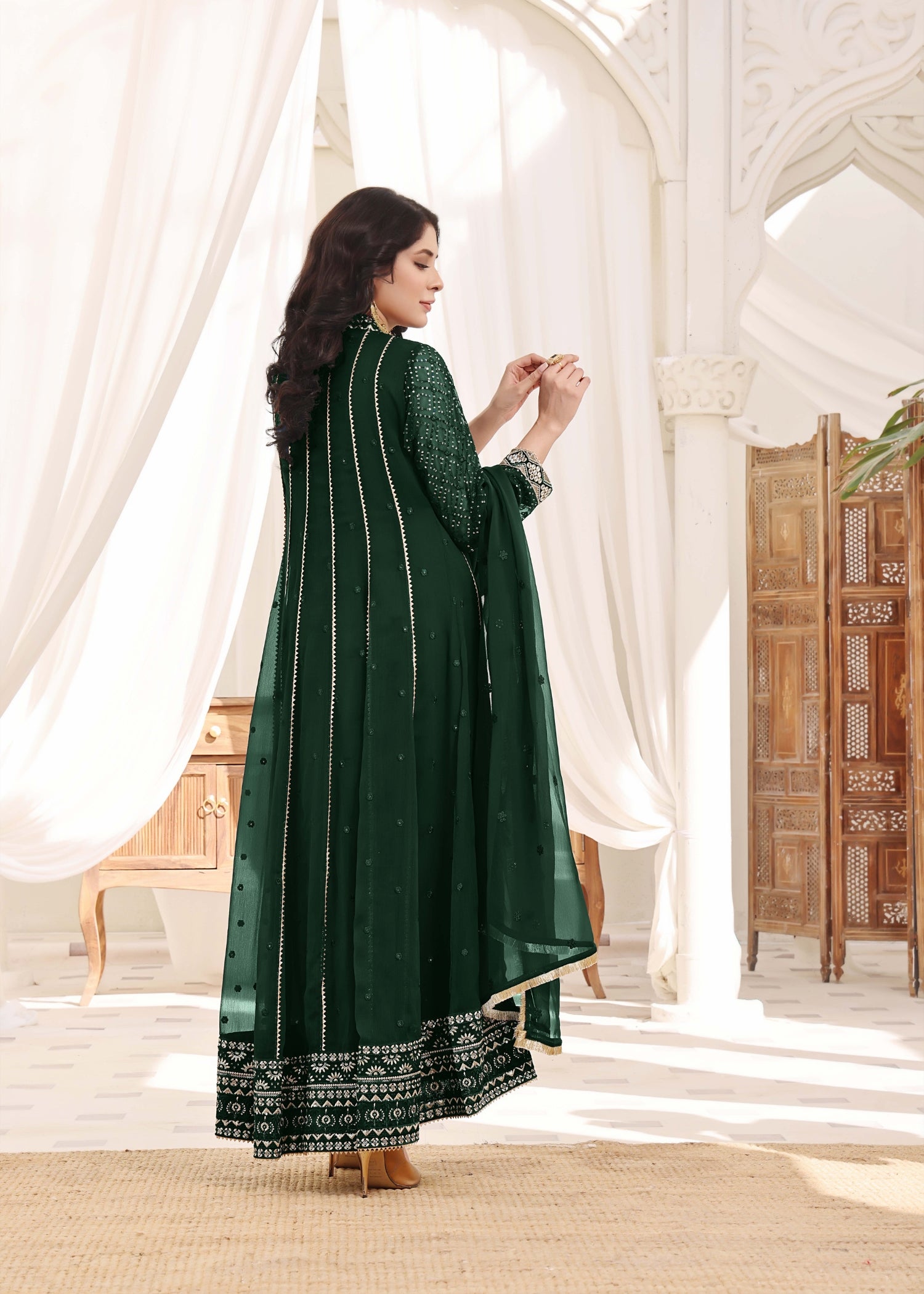chiffon Anarkali in Dark green