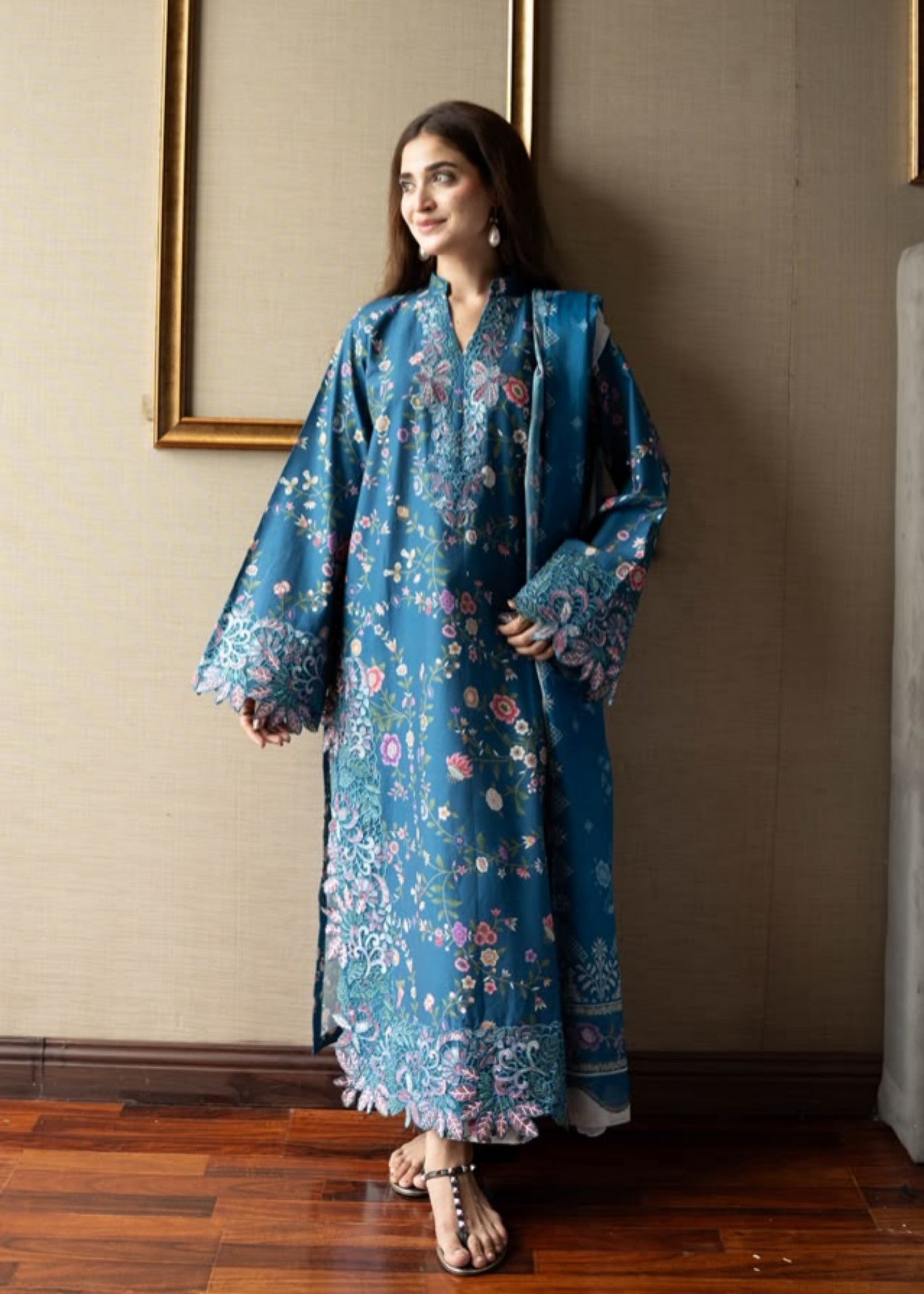 lawn Kurta Set in Navy blue