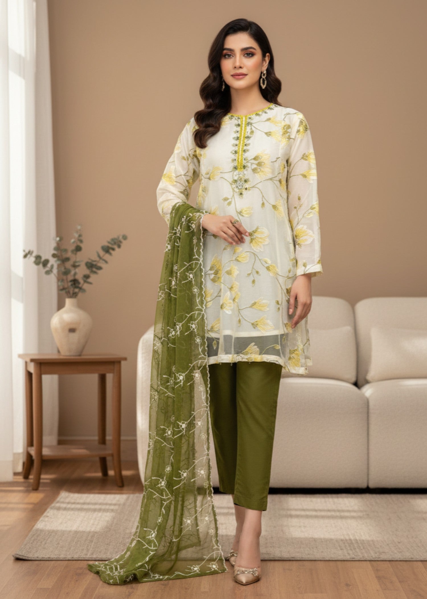 tissue Kurta Set in Cream, mint green