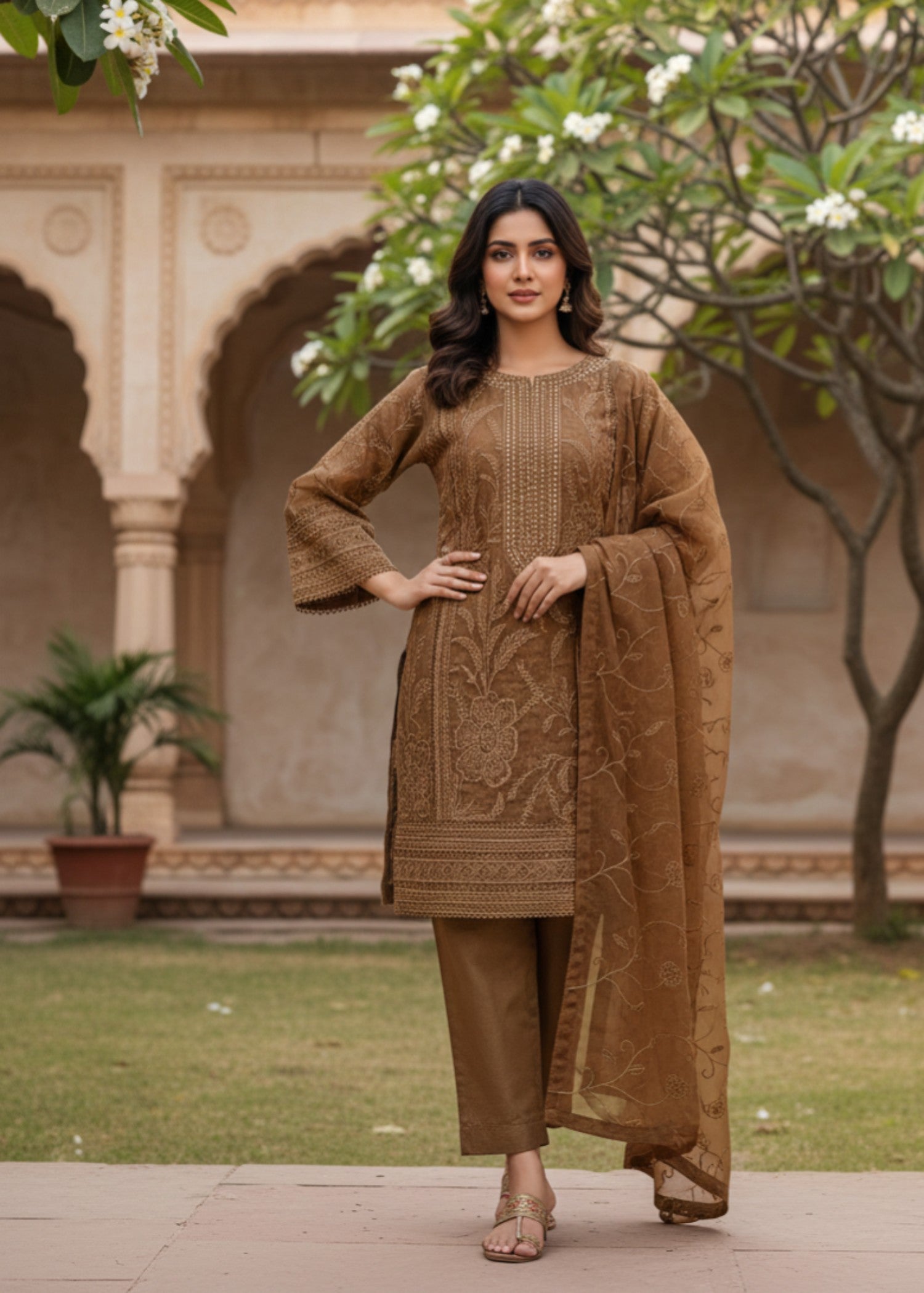 organza net Kurta Set in Brown