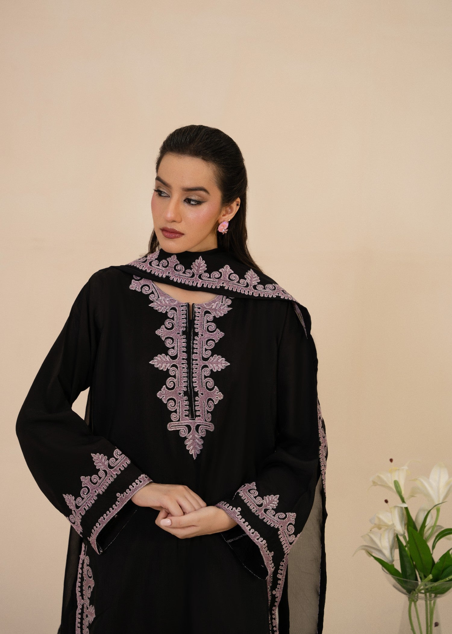 korean raw silk Kurta Set in Black