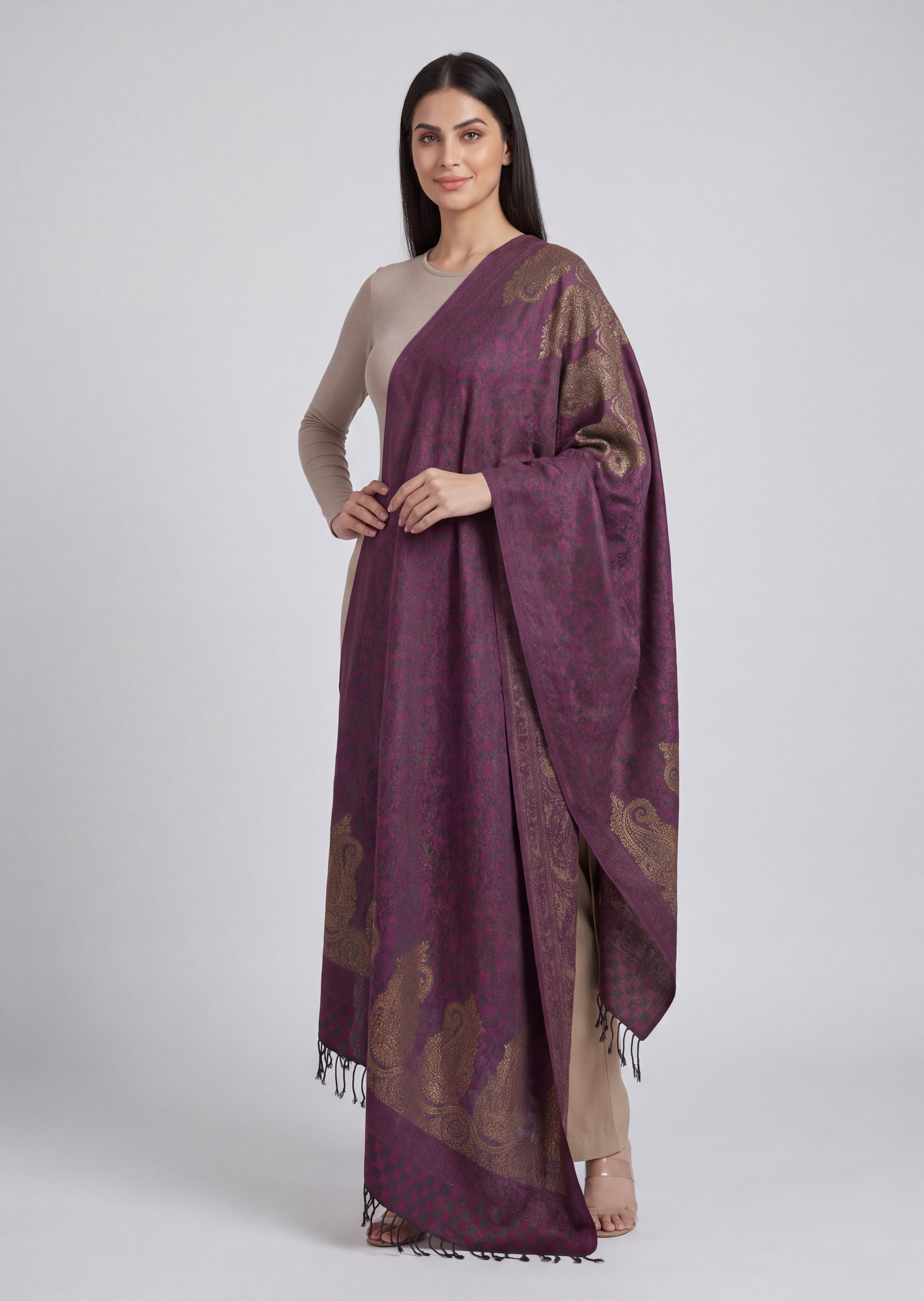 Shawl in Mari gold, plum Color by - Trendy Women Shawl UHL3313