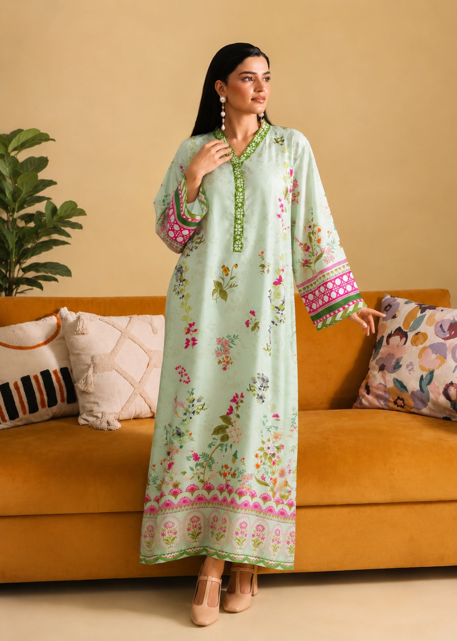 poly lawn Kaftan in Mint green