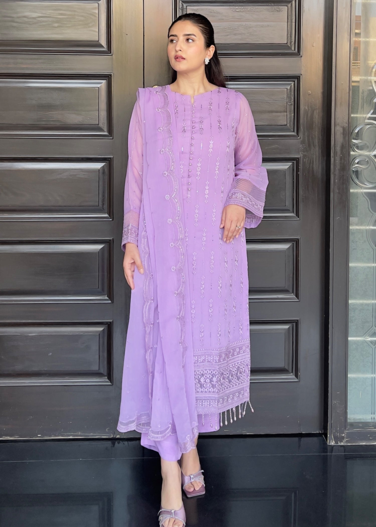 chiffon Kurta Set in Heathered lilac