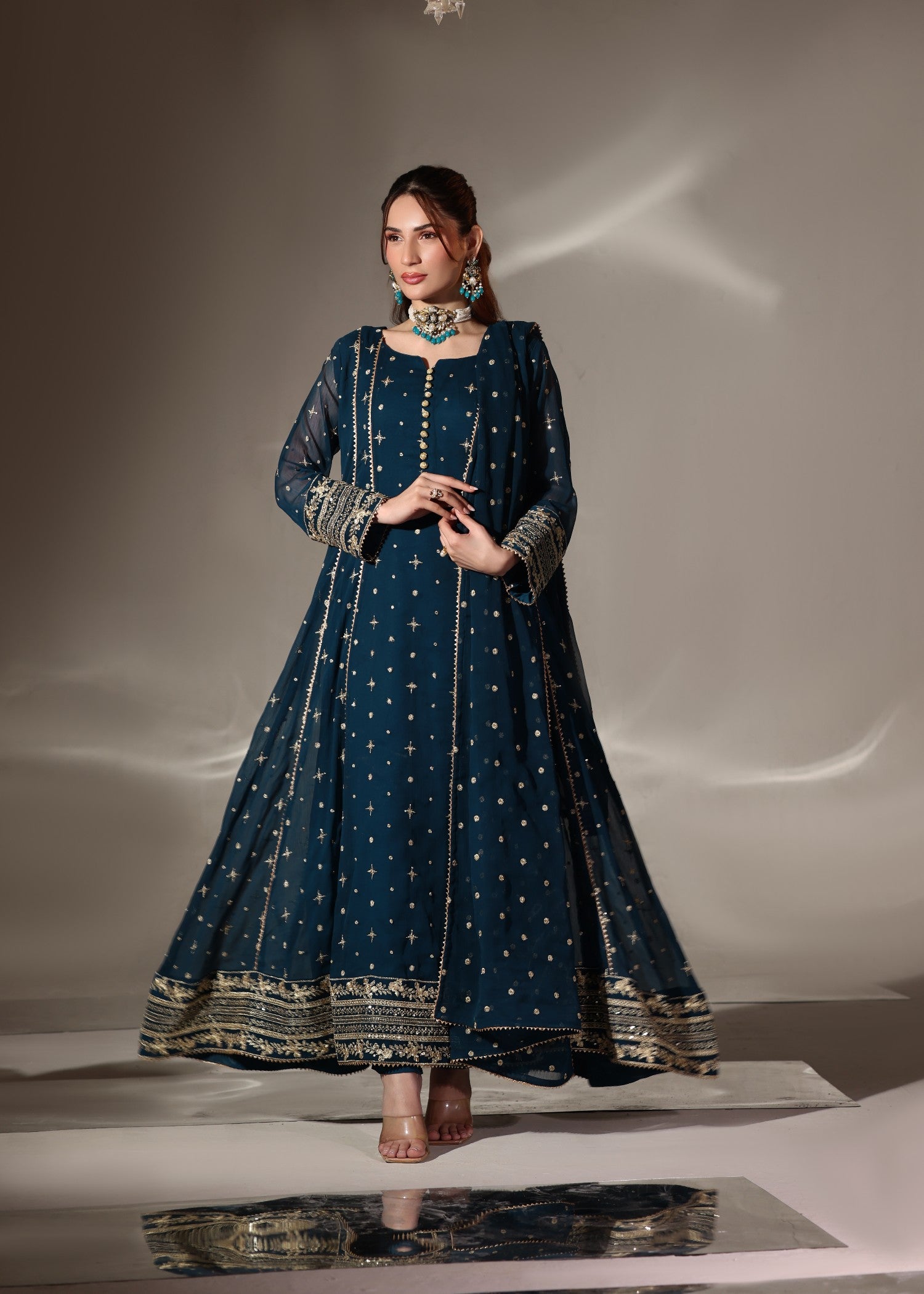 chiffon Pishwas in Teal
