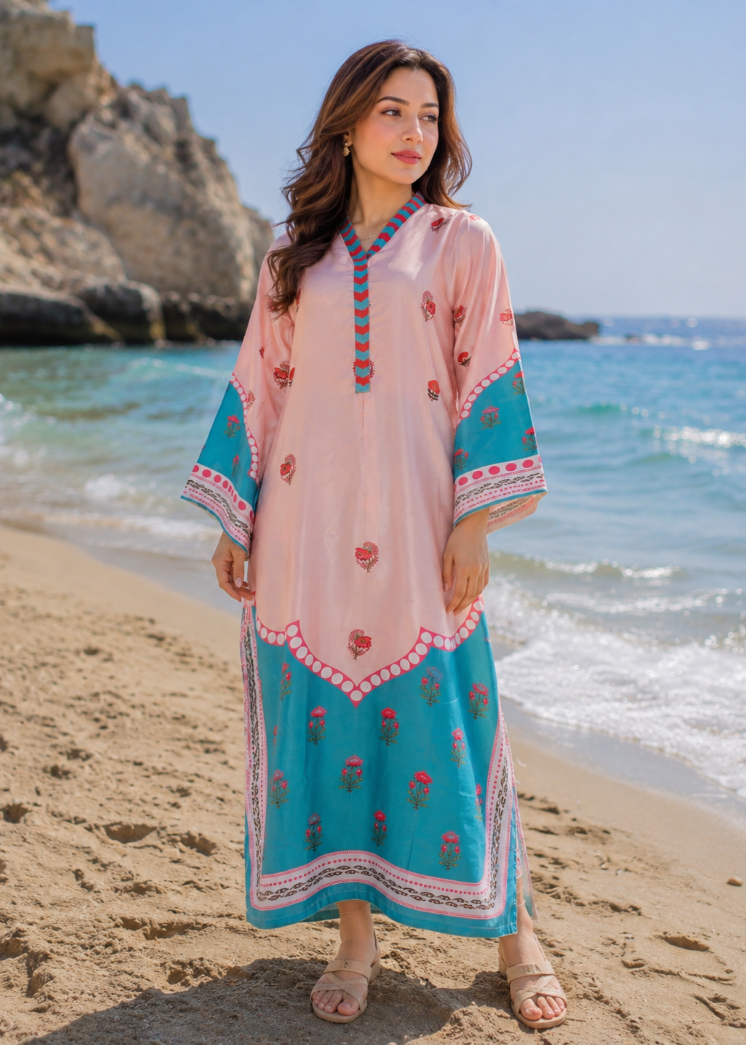 silk charmeuse Kaftan in Baby pink, baby blue