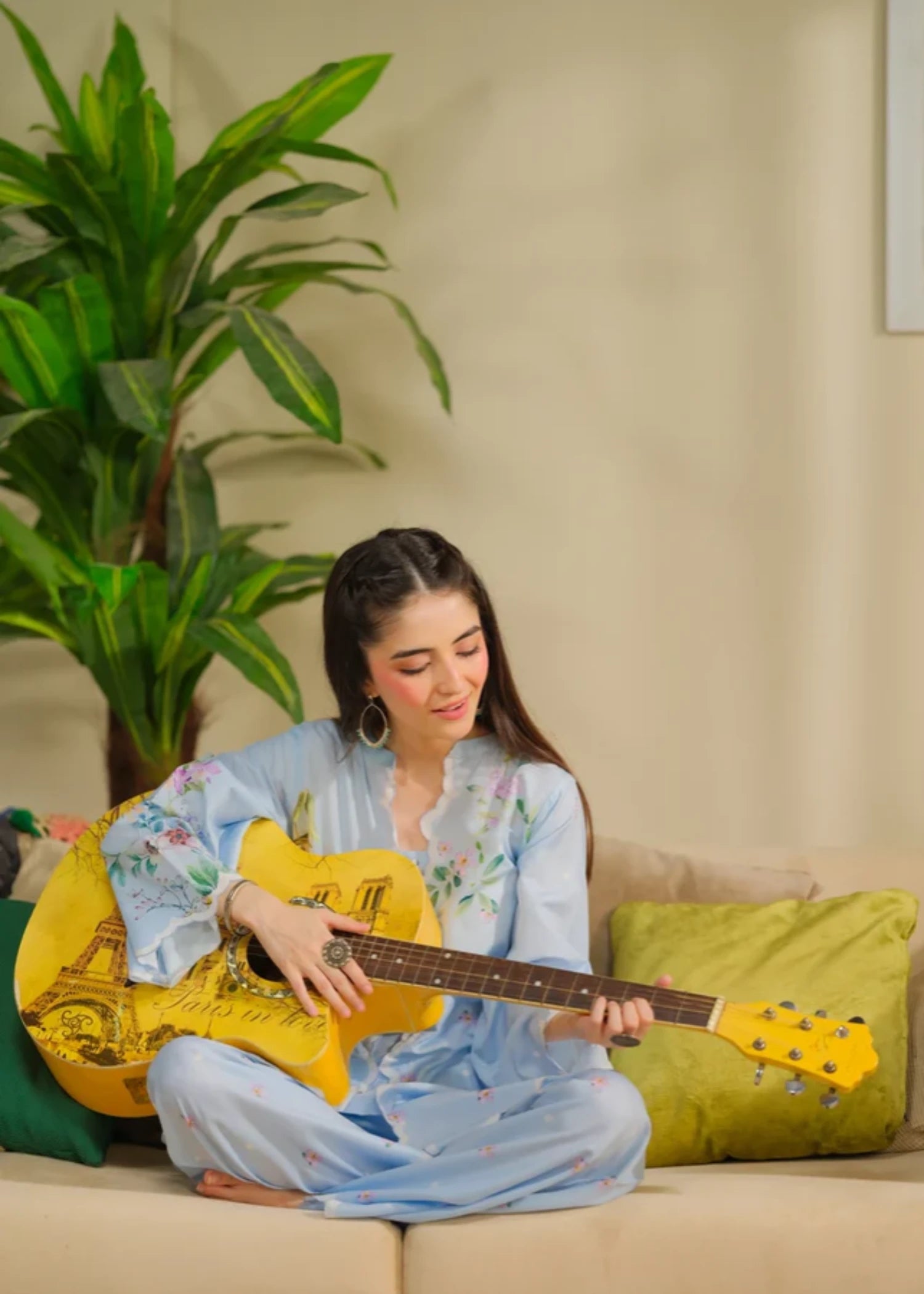 cambric Kurta Set in Light blue