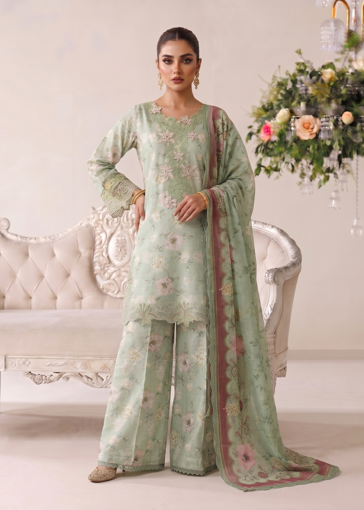 lawn Sharara in Mint green