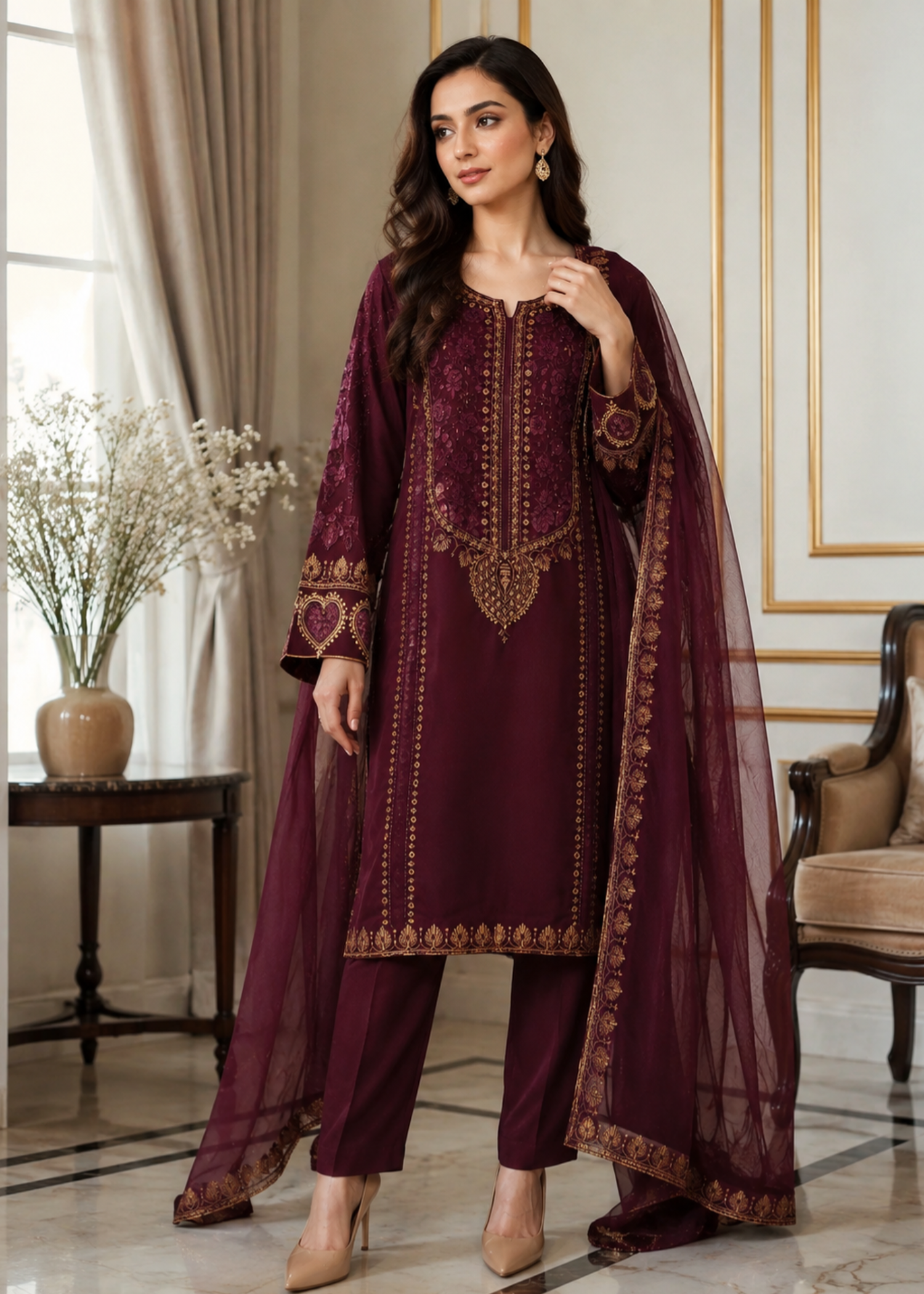 raw silk Unstitched in Maroon