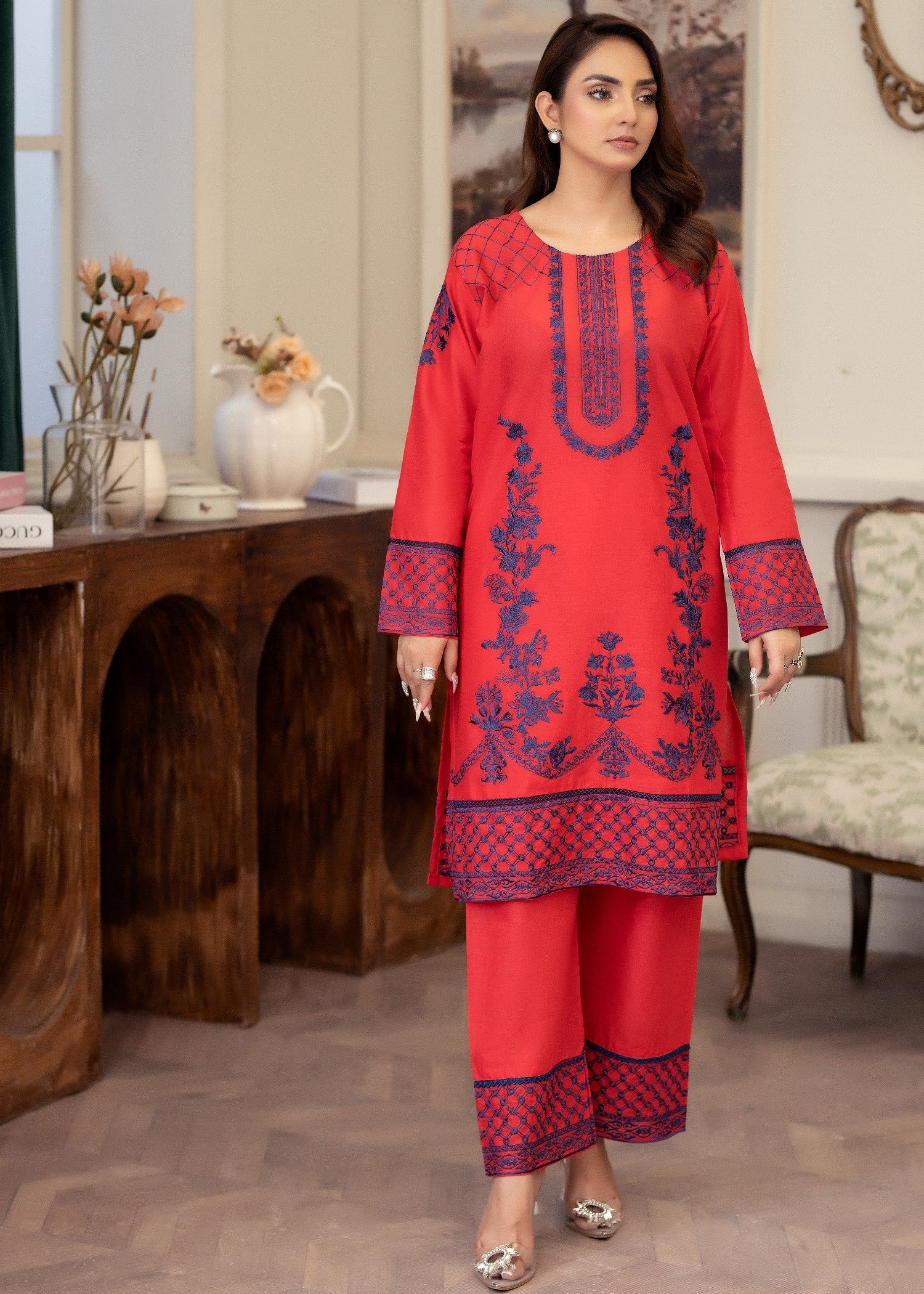 lawn Kurta Set in Rust red