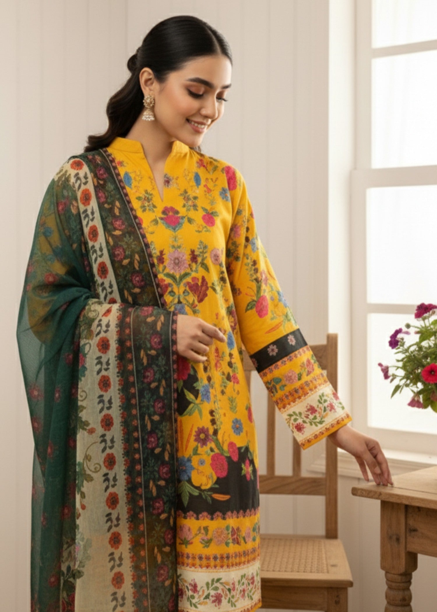 poly lawn Kurta Set in Saffron