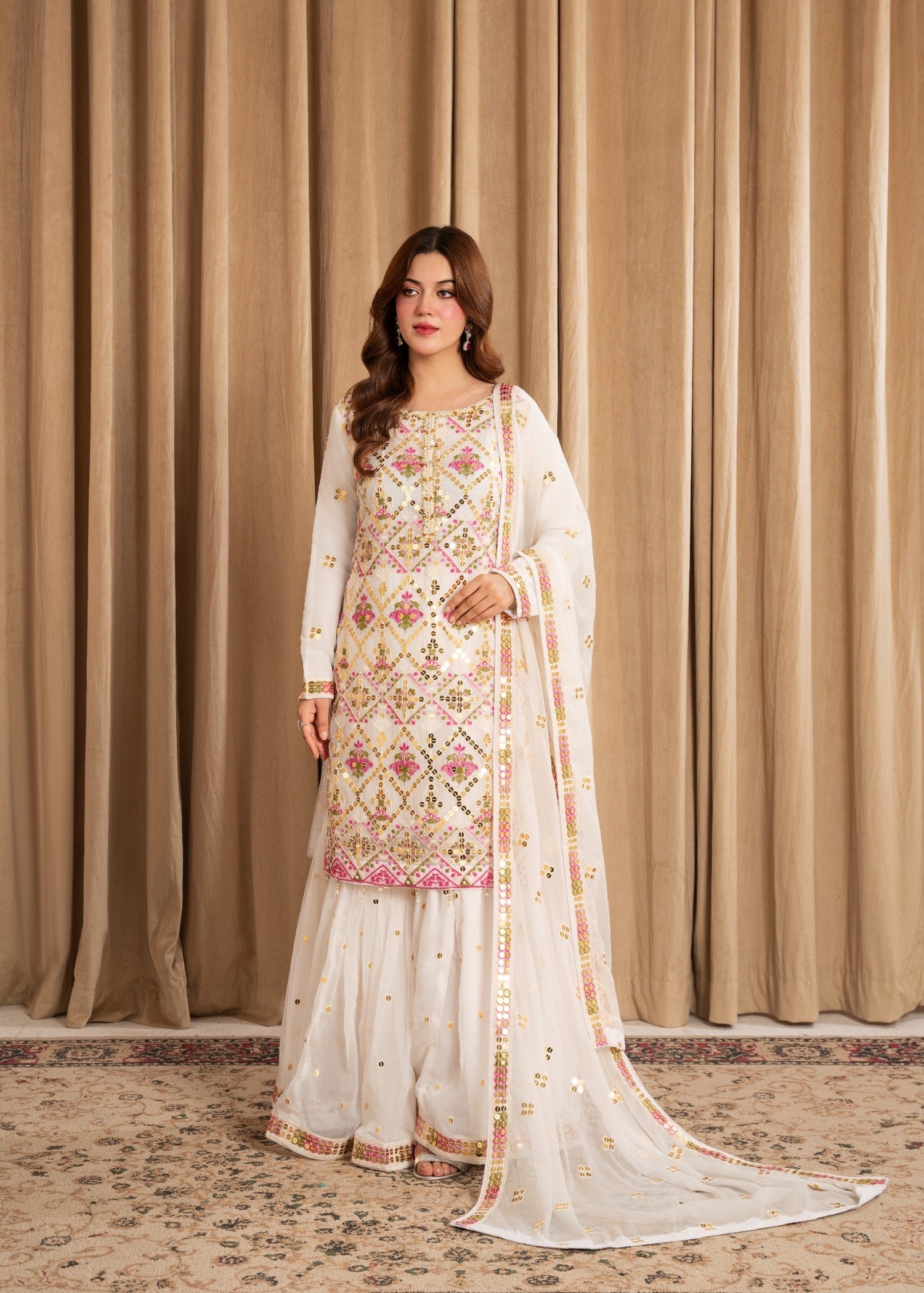 crinkle chiffon Gharara in White