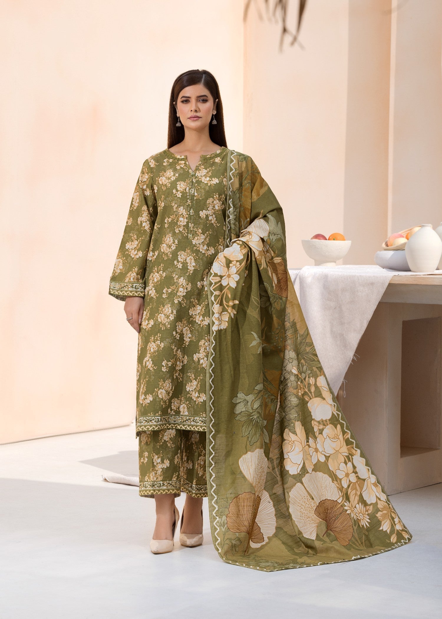 khaddar Kurta Set in Olive green