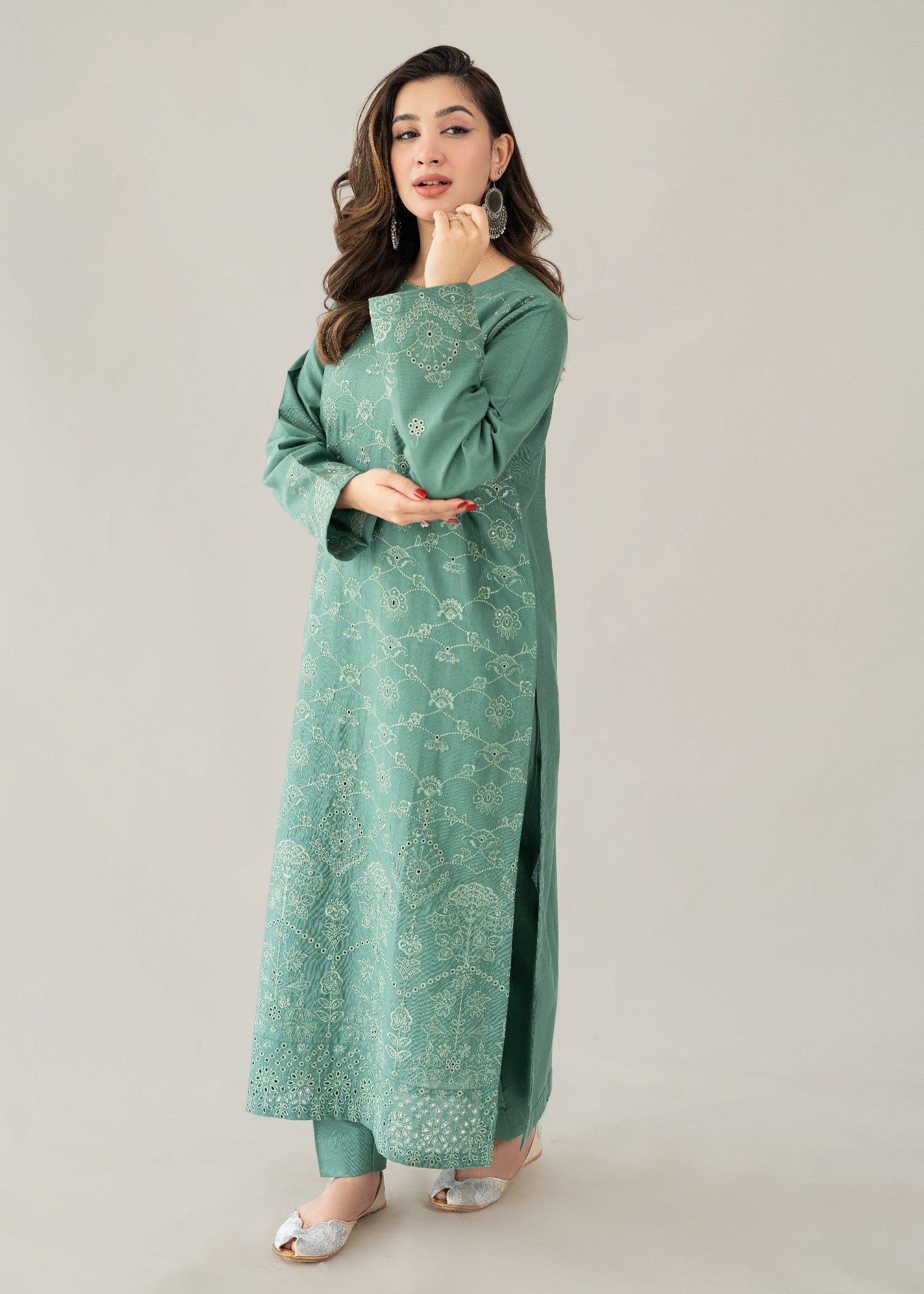 slub khaddar Kurta Set in Sea green