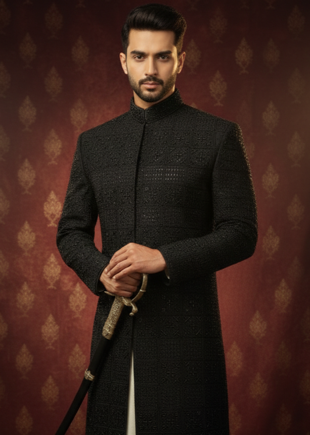 silk Sherwani in Black, jet black