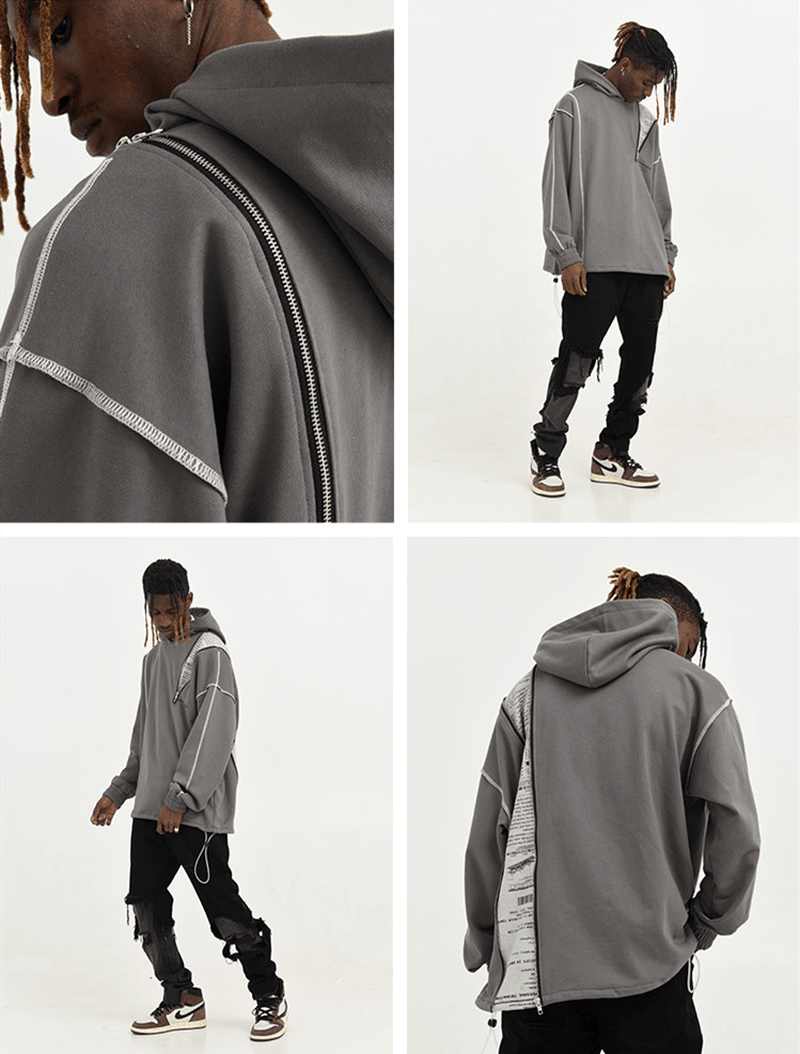 Asymmetrical Zipper Reverse Process Printing Loose Hooded Sweatshirt