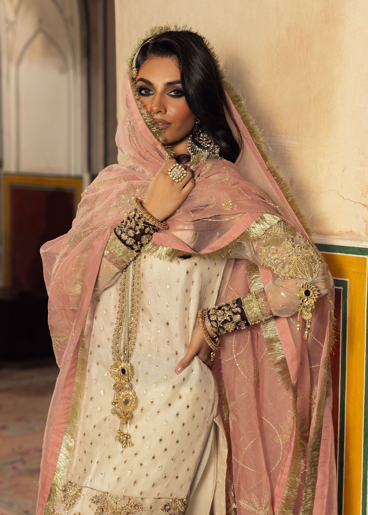 organza Gharara in Ivory