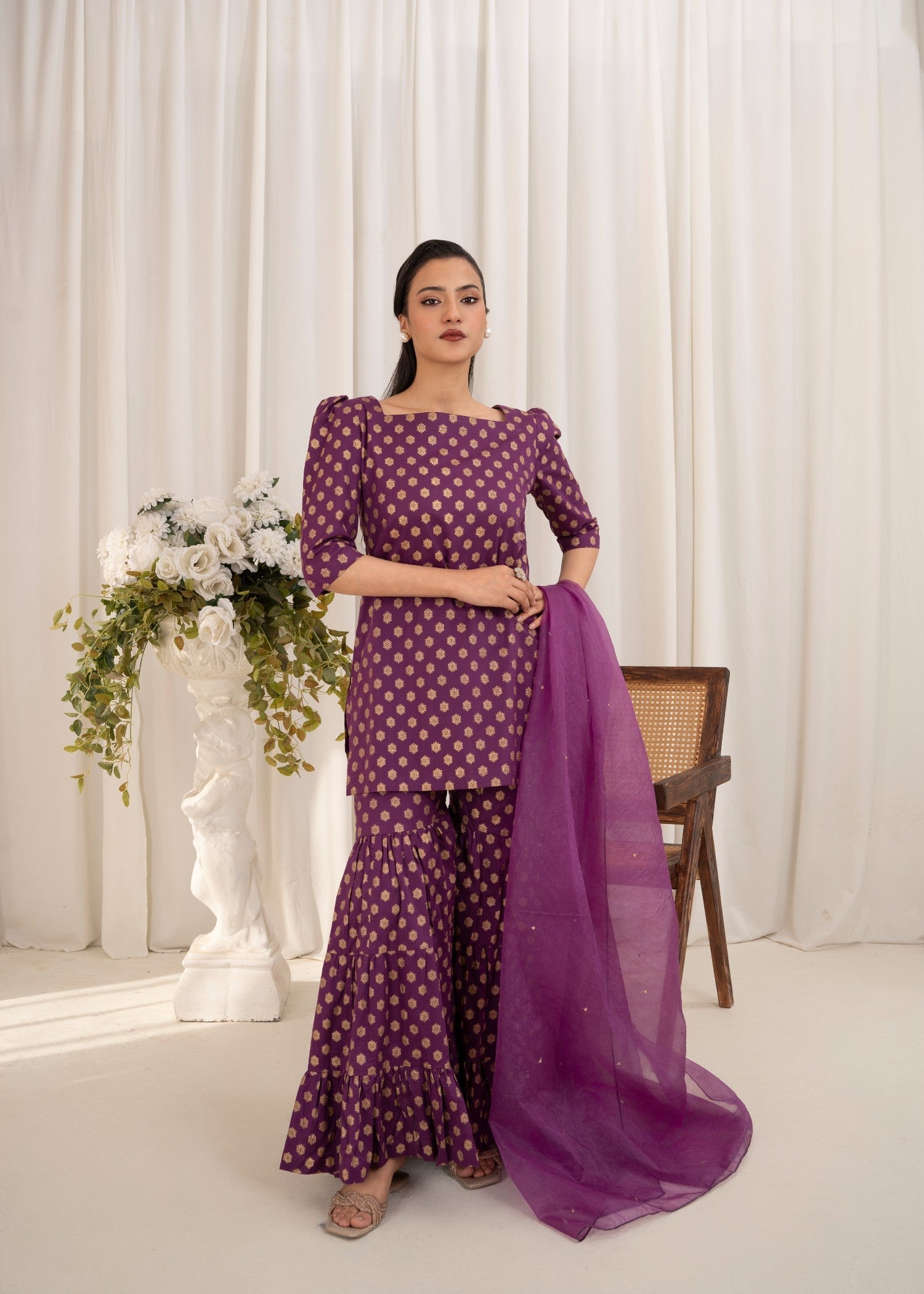 lawn Gharara in Purple