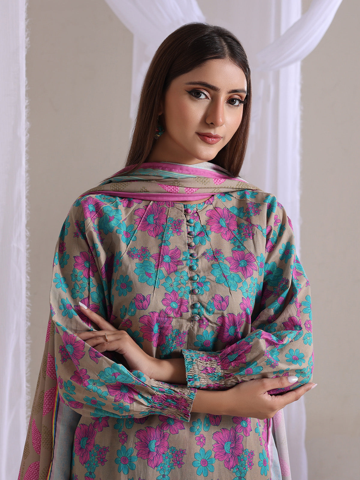 ribbed lawn Kurta Set in Multi