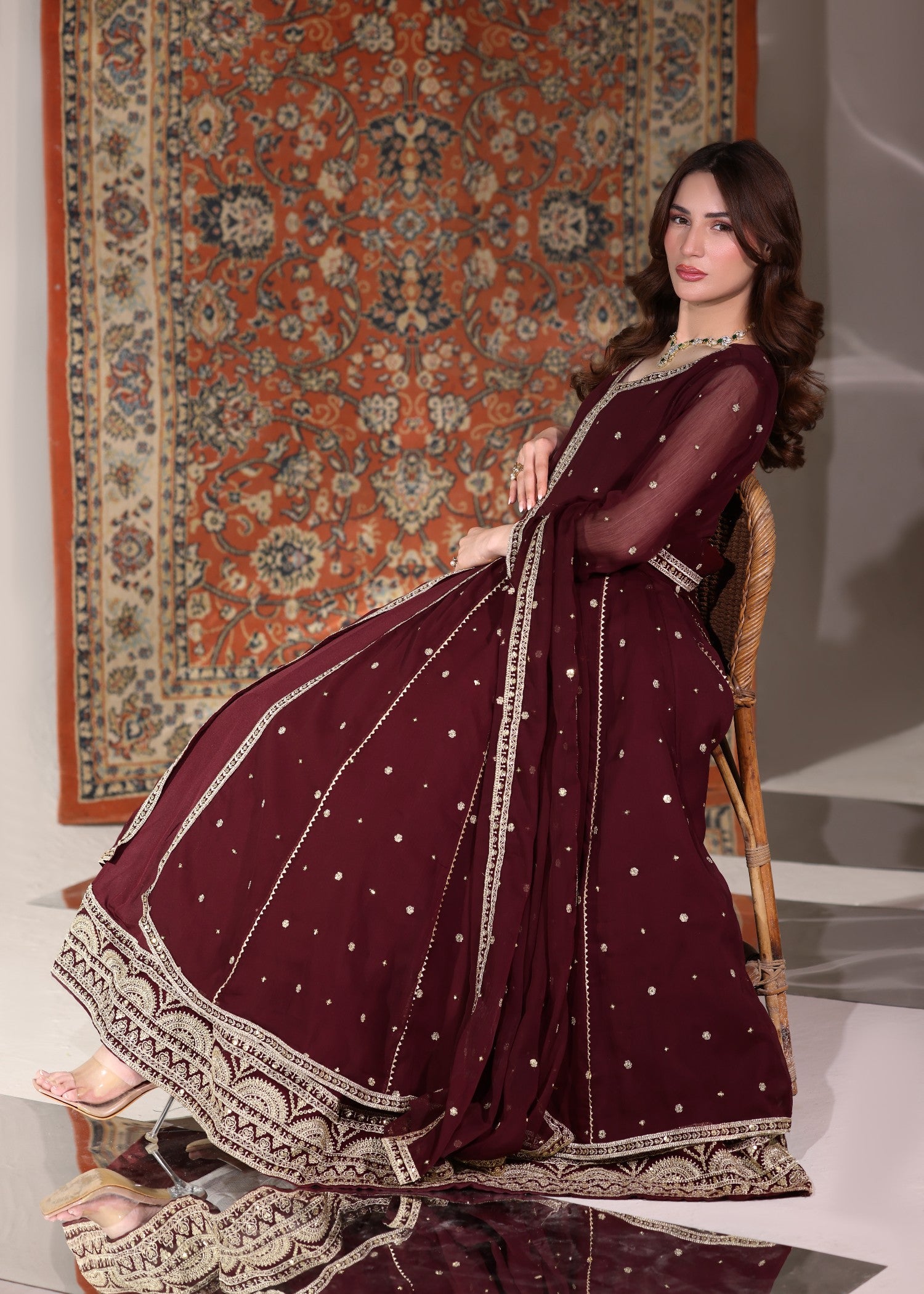 chiffon Pishwas in Maroon