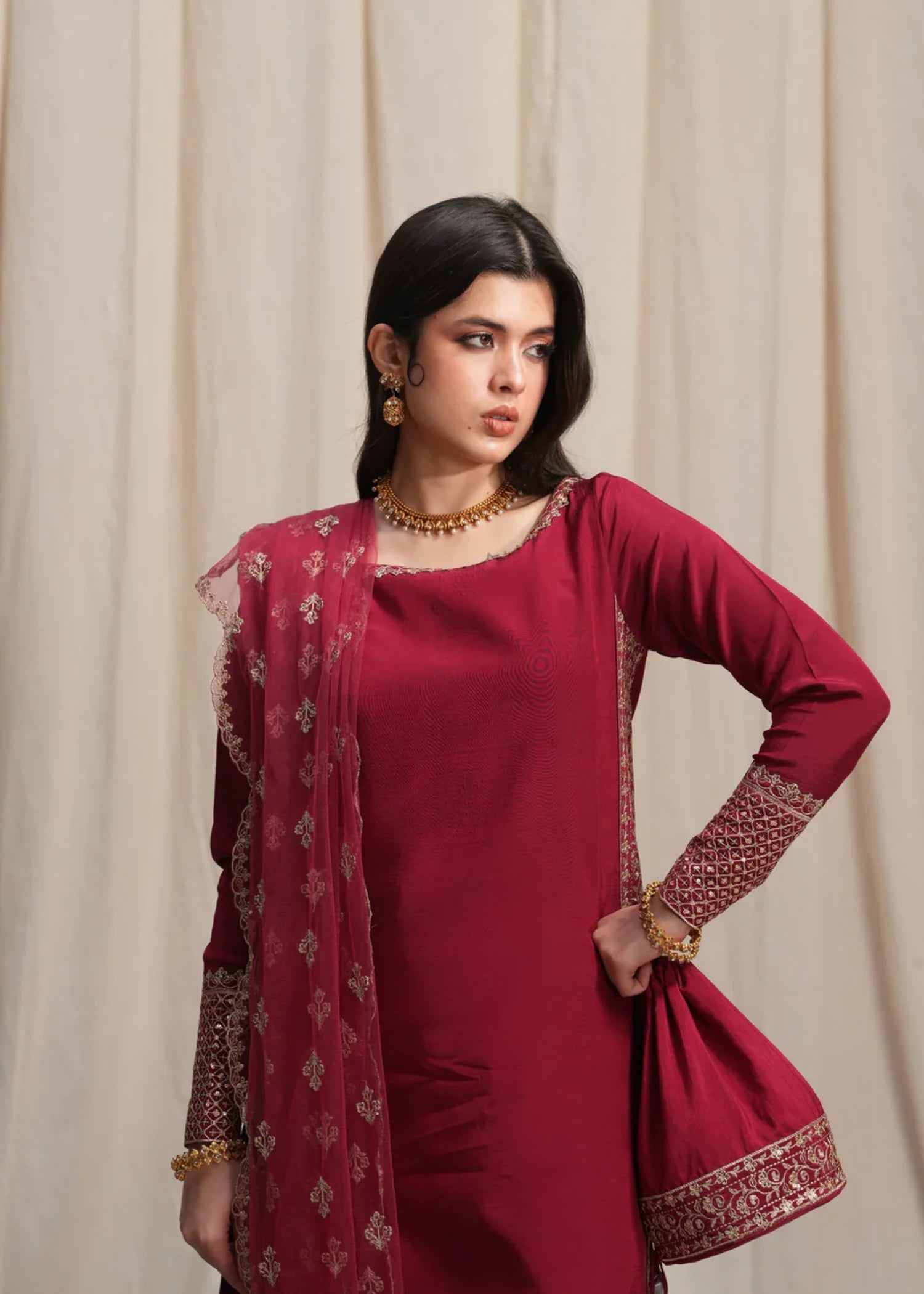 korean raw silk Kurta Set in Ruby red