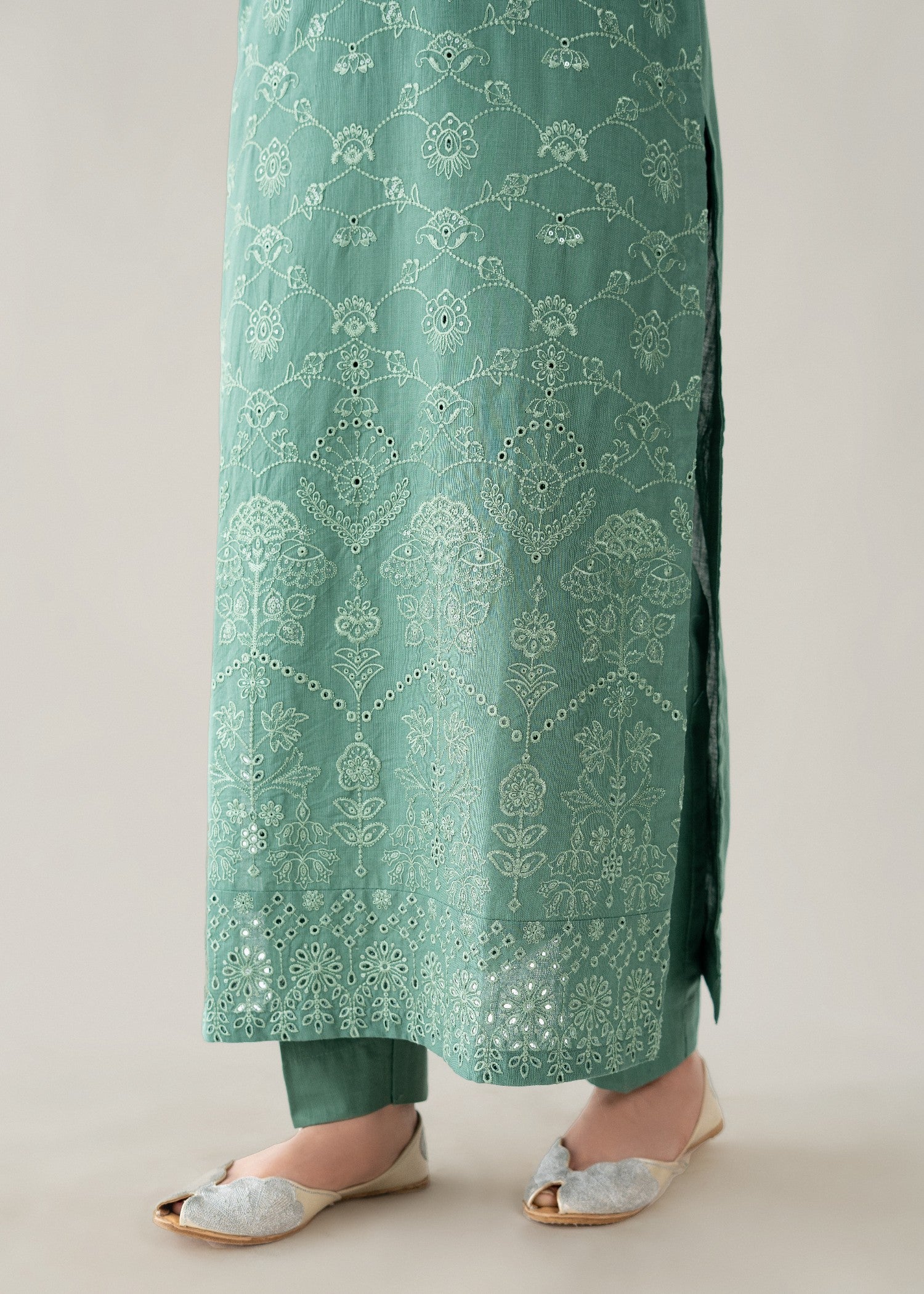 slub khaddar Kurta Set in Sea green