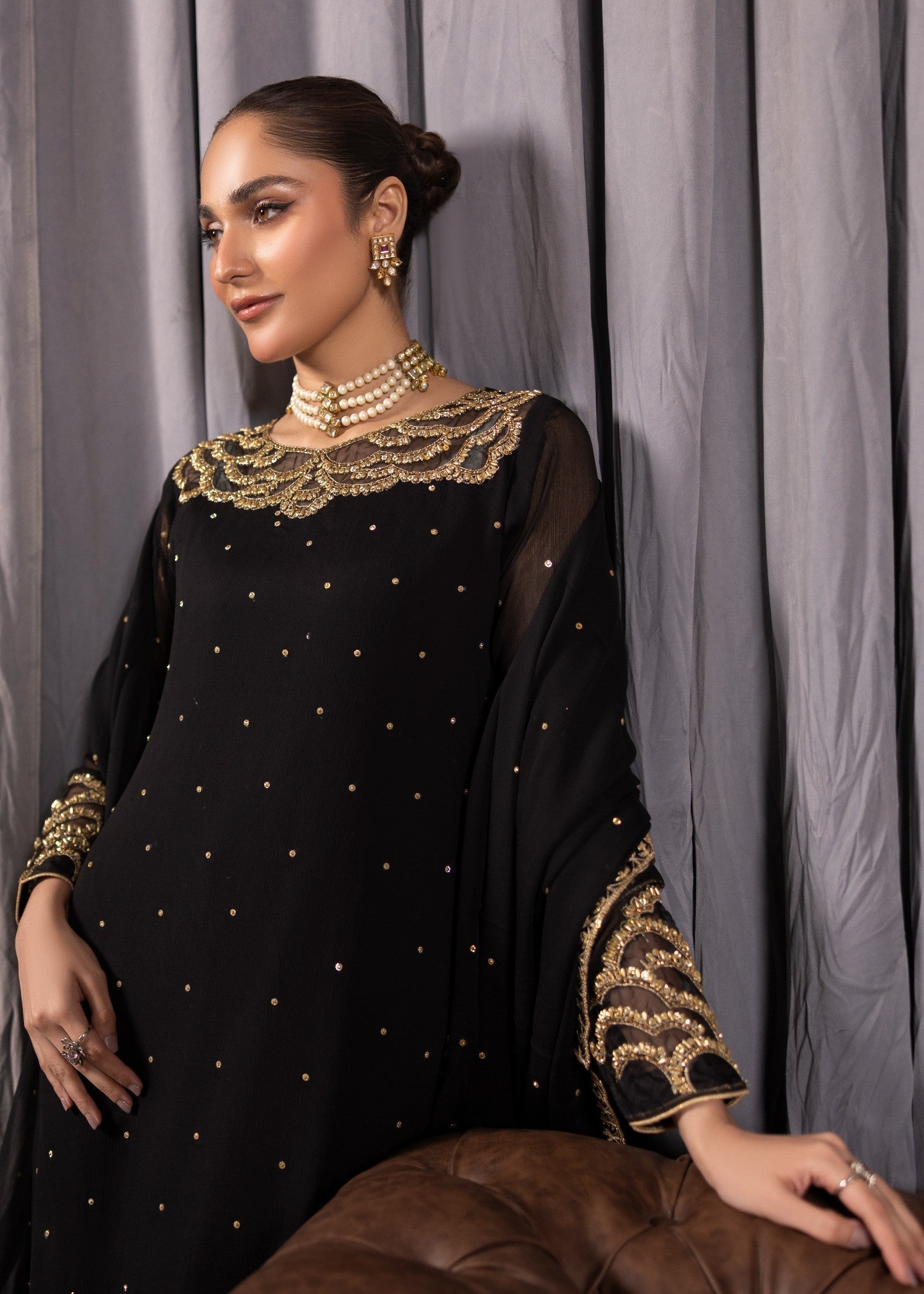 bemberg crinkle chiffon Kurta Set in Jet black