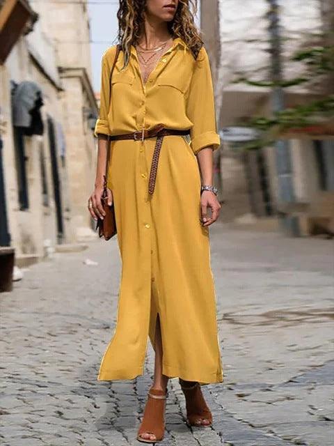 Women's Split Long Dress Skirt - Solid Color, Long Sleeves for Elegant Look