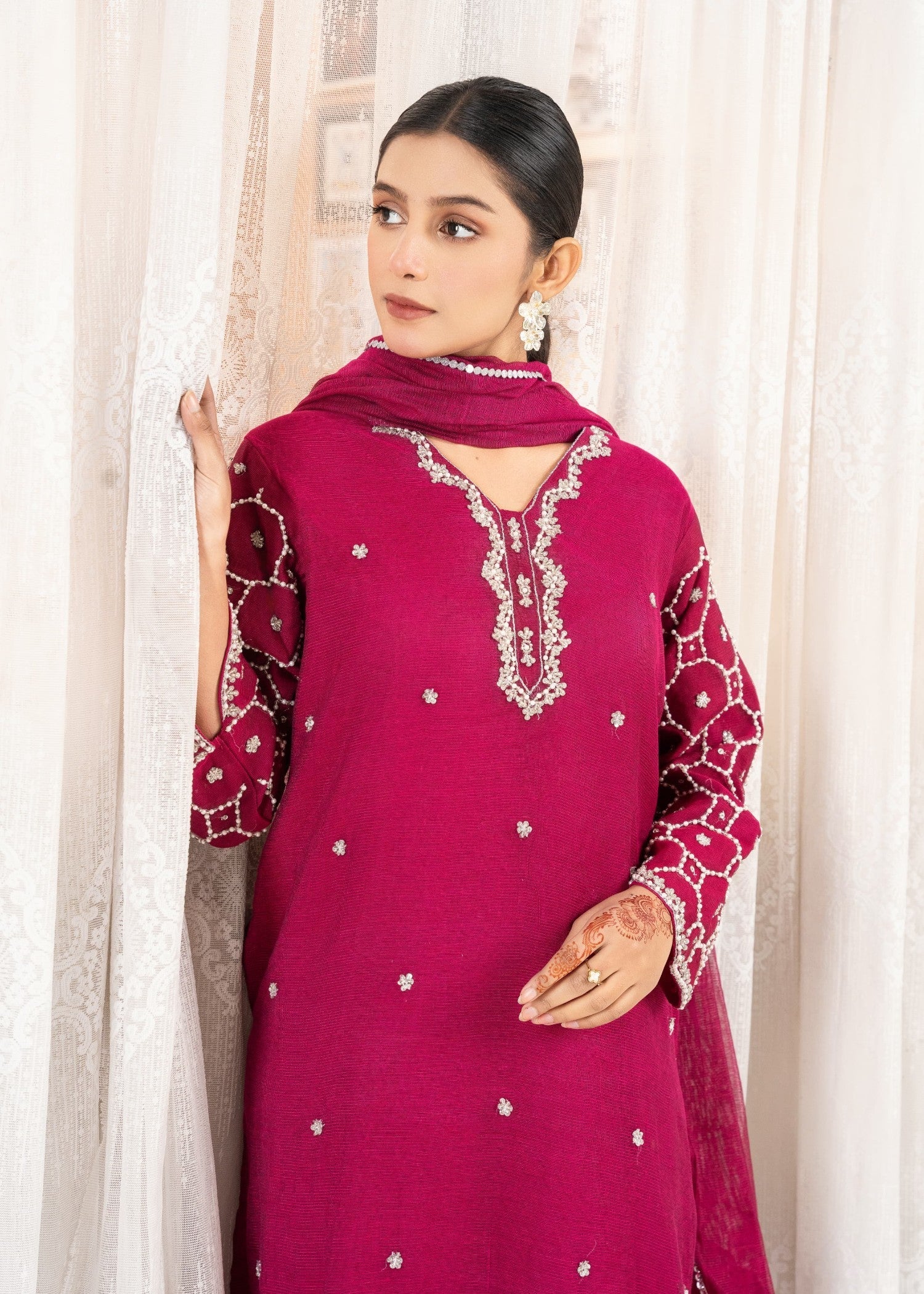 khaddi net Kurta Set in Shocking pink